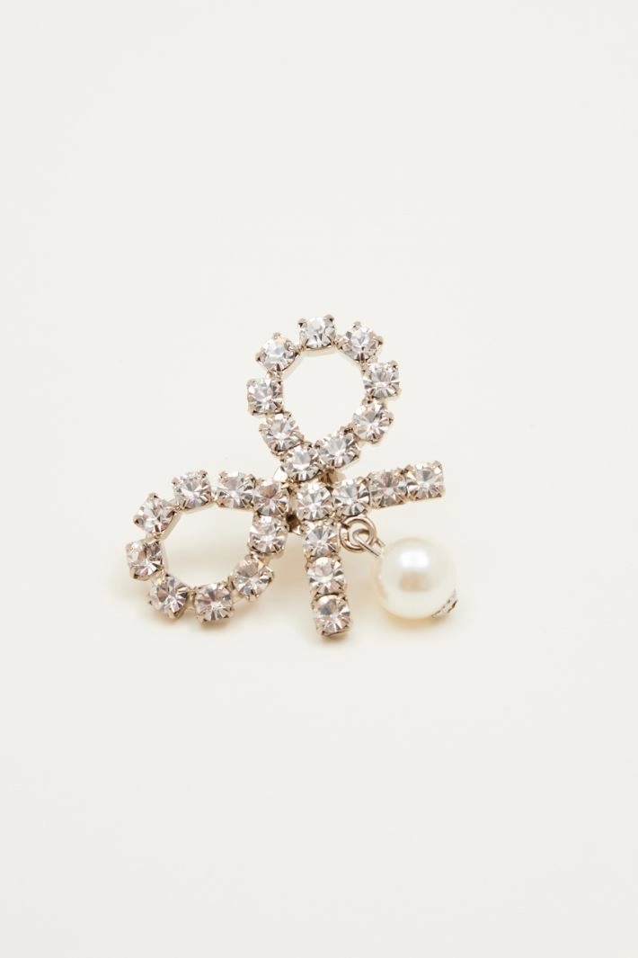 Rhinestone bow earrings with pearl drop - SILVER