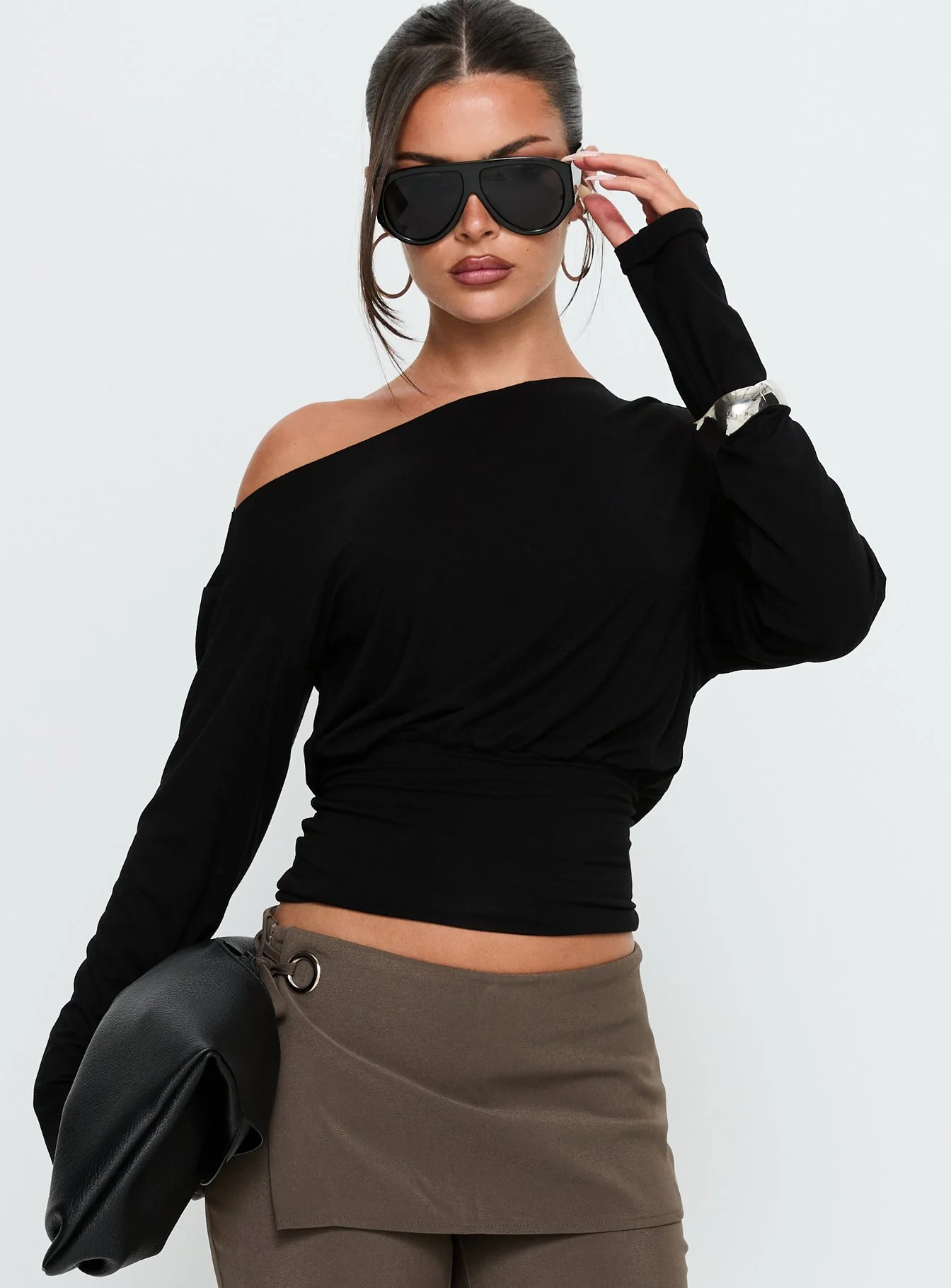 Ashlinn Off Shoulder Long Sleeve Drapey Top Black