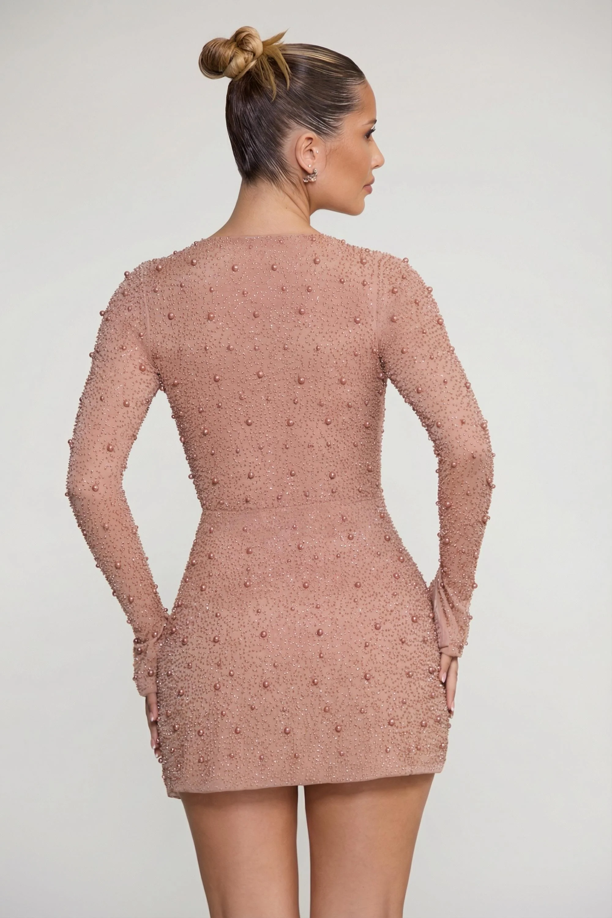Embellished Wrap Over A-Line Mini Dress in Beige