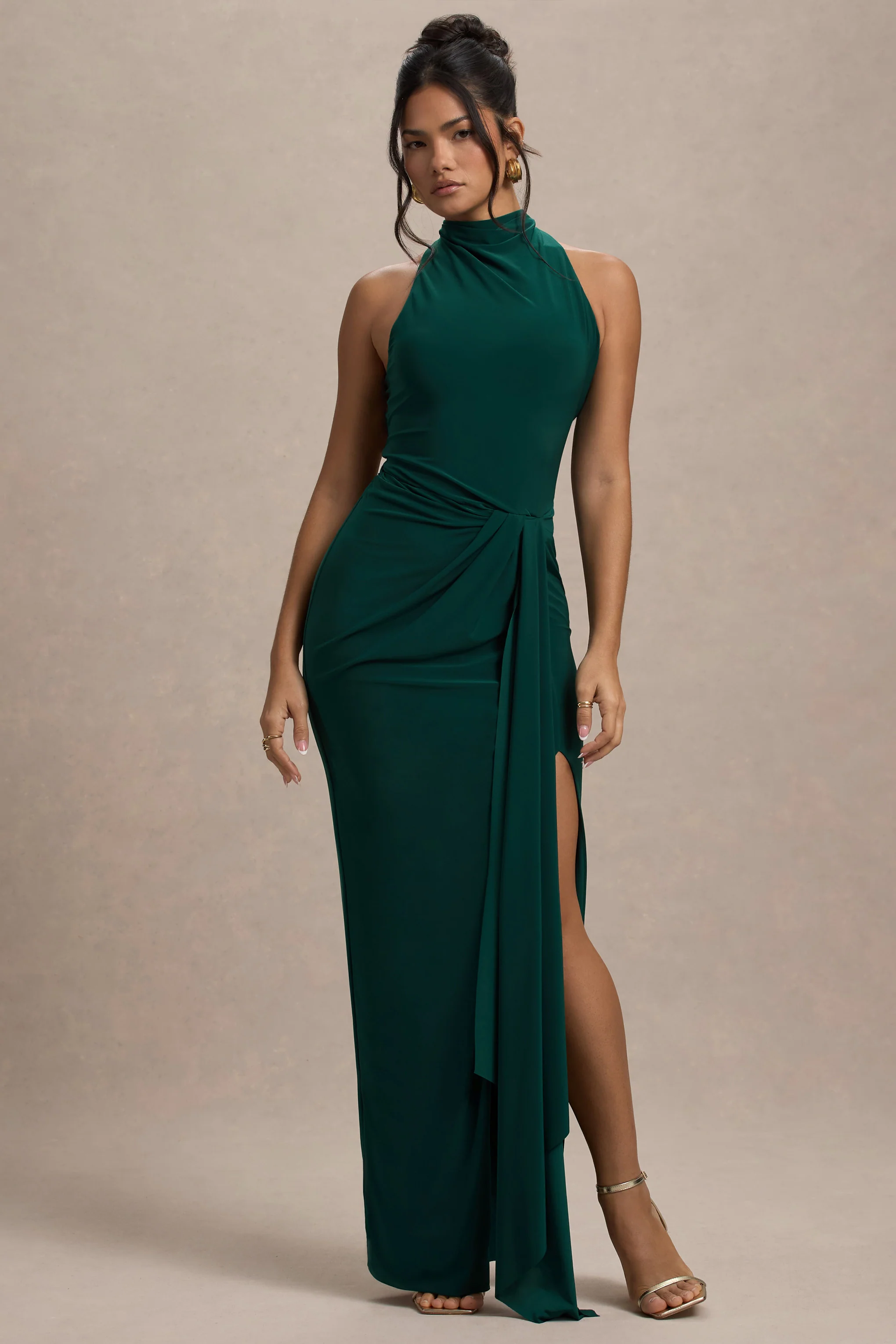 Khari | Bottle Green High-Neck Twisted Maxi Dress With Drape
