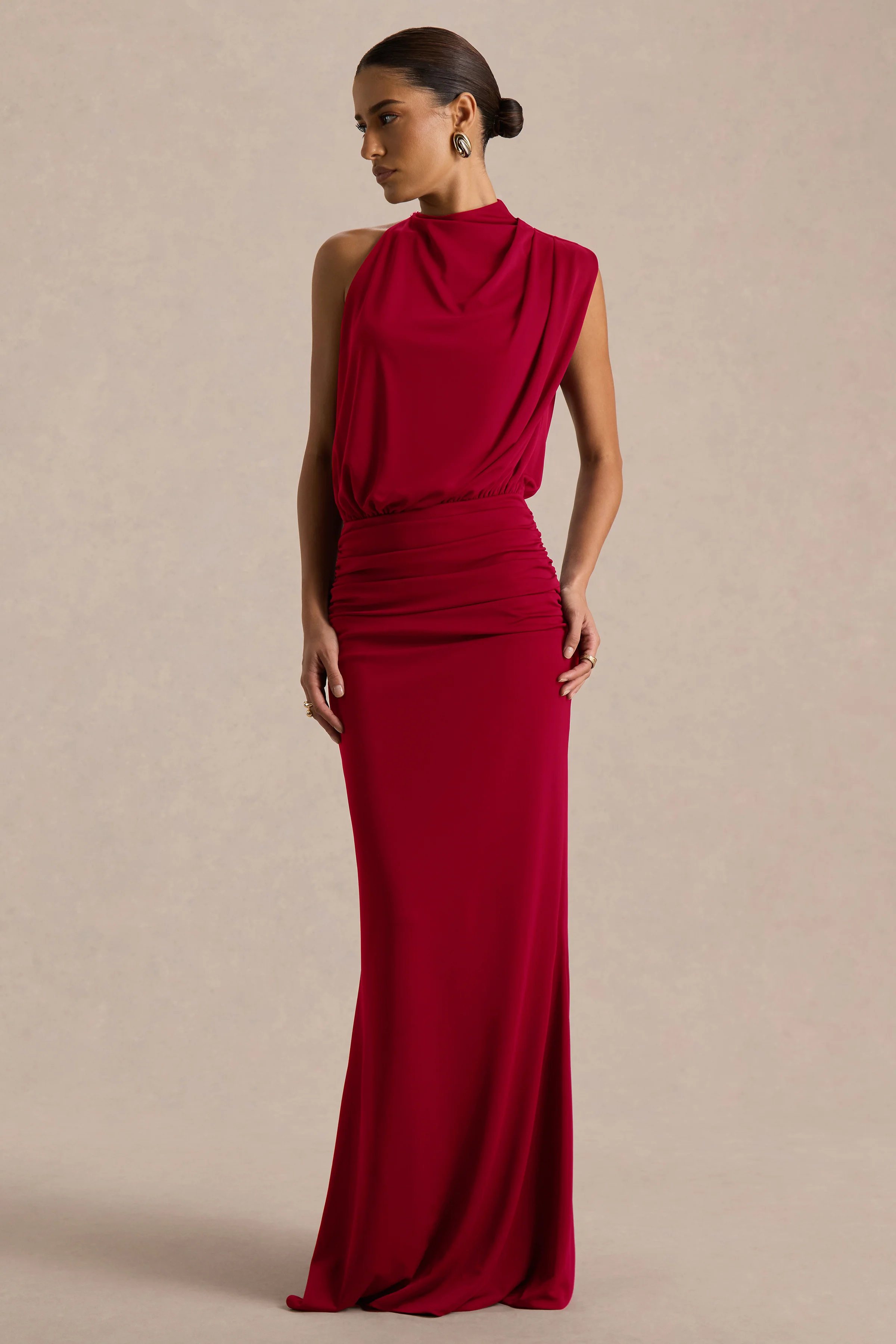 Umaira | Red Ruched High Neck Maxi Dress With Draped Detailing