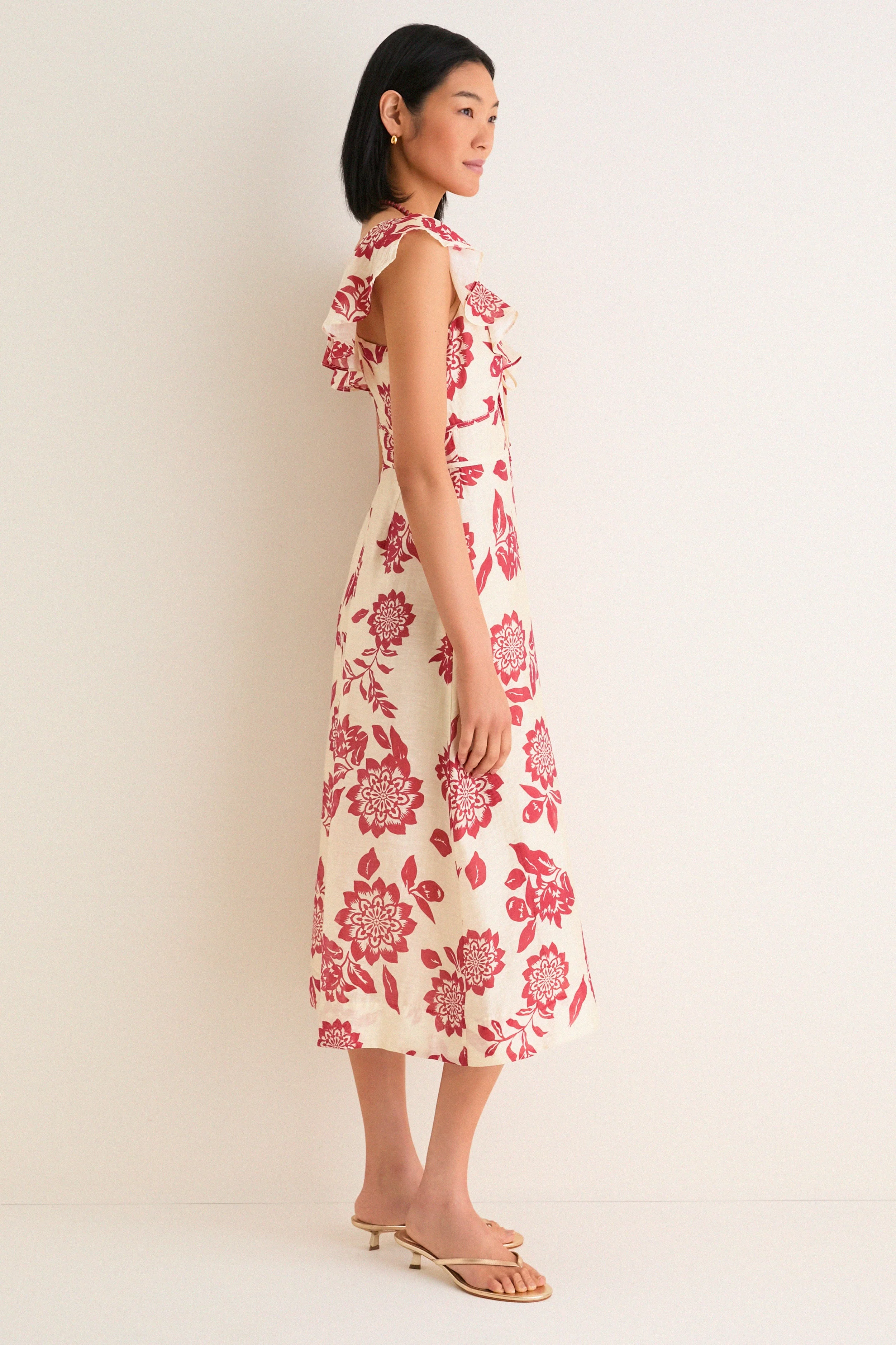 Cream and Red Jacqueline Flutter Sleeve Midi Dress