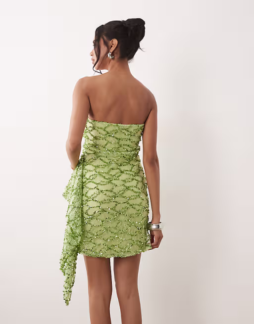 lace sequin bandeau mini dress with scarf detail in lime