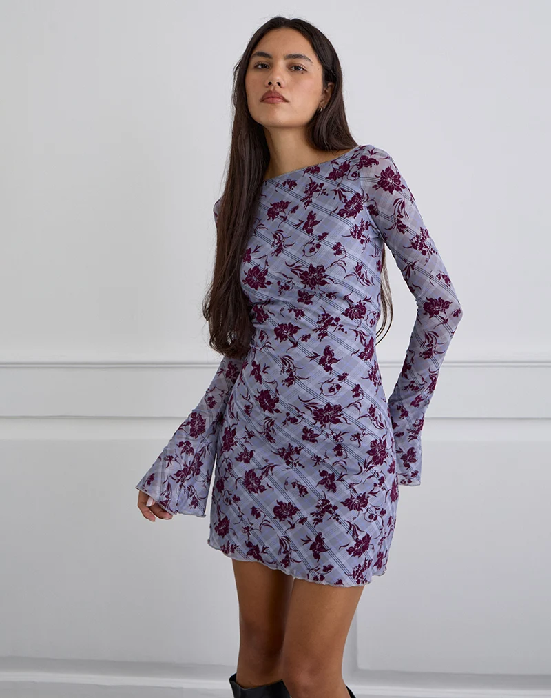 Sevila Long Sleeve Mini Dress in Lotus Flock Checked Lavender