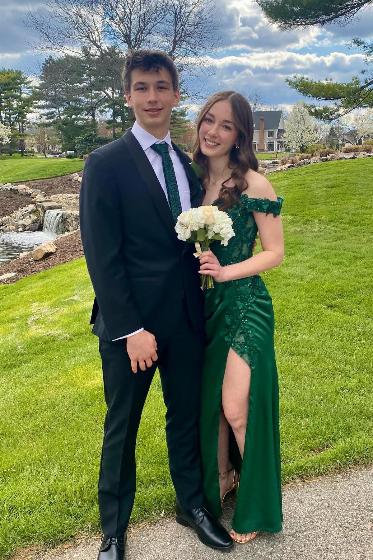 Lace Off the Shoulder Green Satin Mermaid Dress