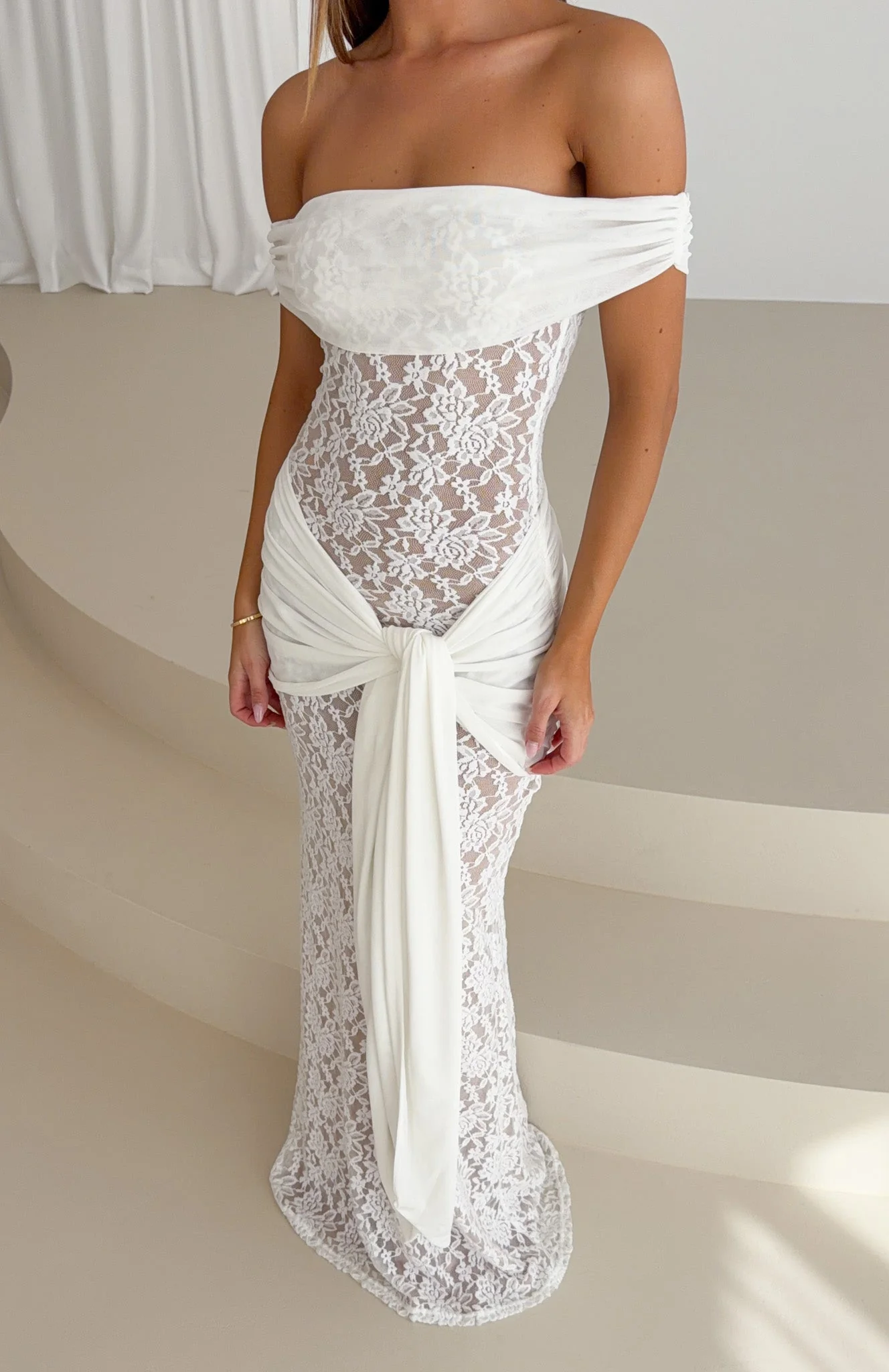 Best Dressed Off Shoulder Lace Maxi Dress White