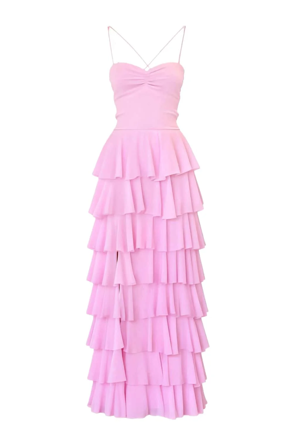 Blue Straps Ruched A-line Ruffle Maxi Dress