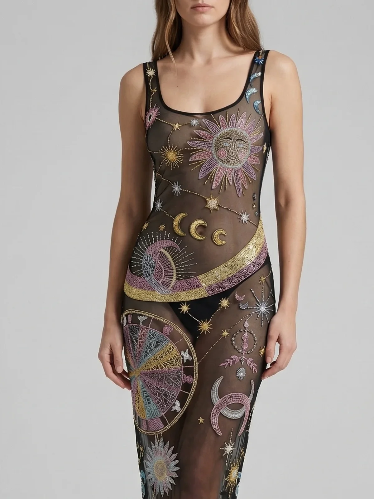 Black Starlit Cosmos Sheer Maxi Dress