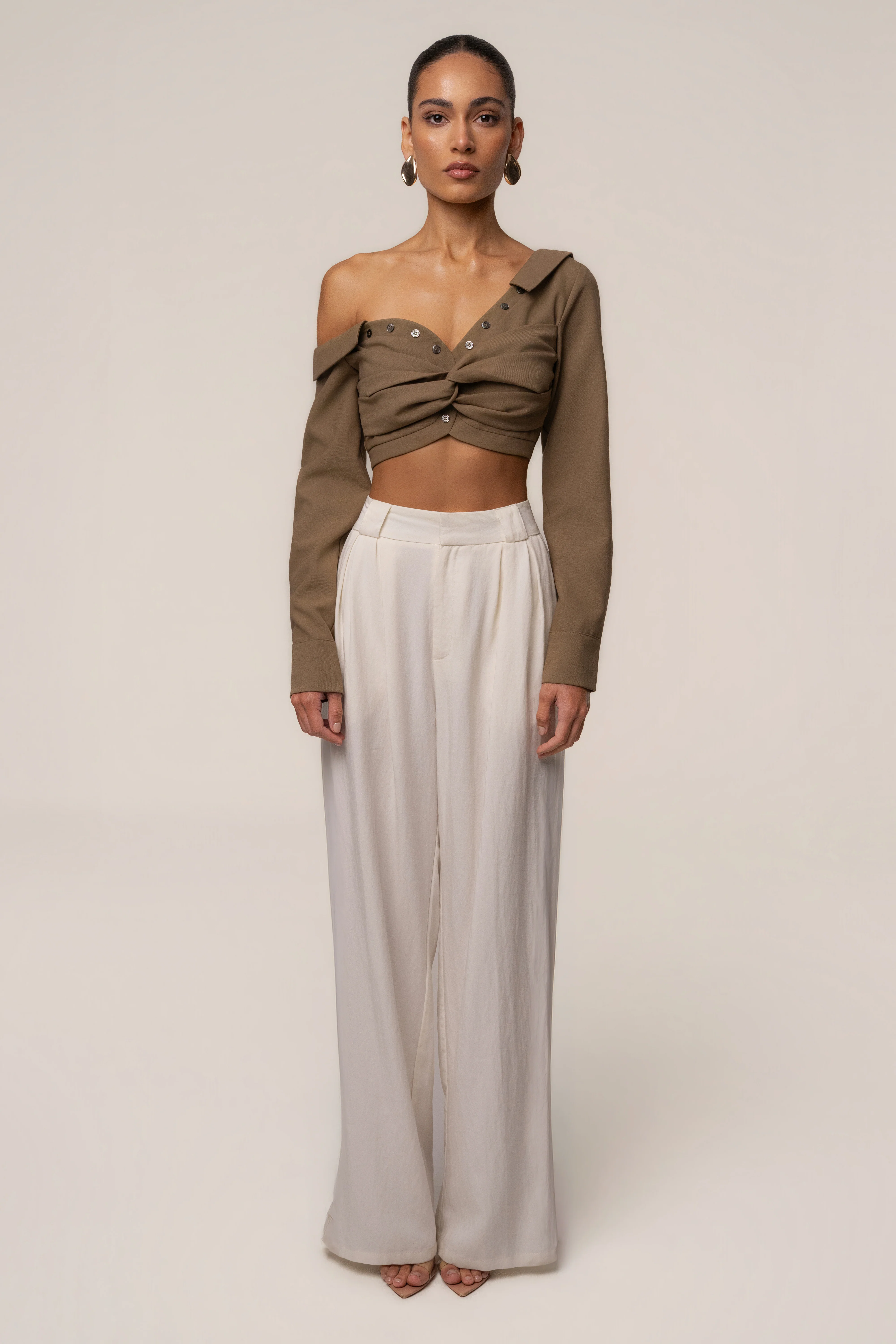 Olive Off-Shoulder Twist Crop Top