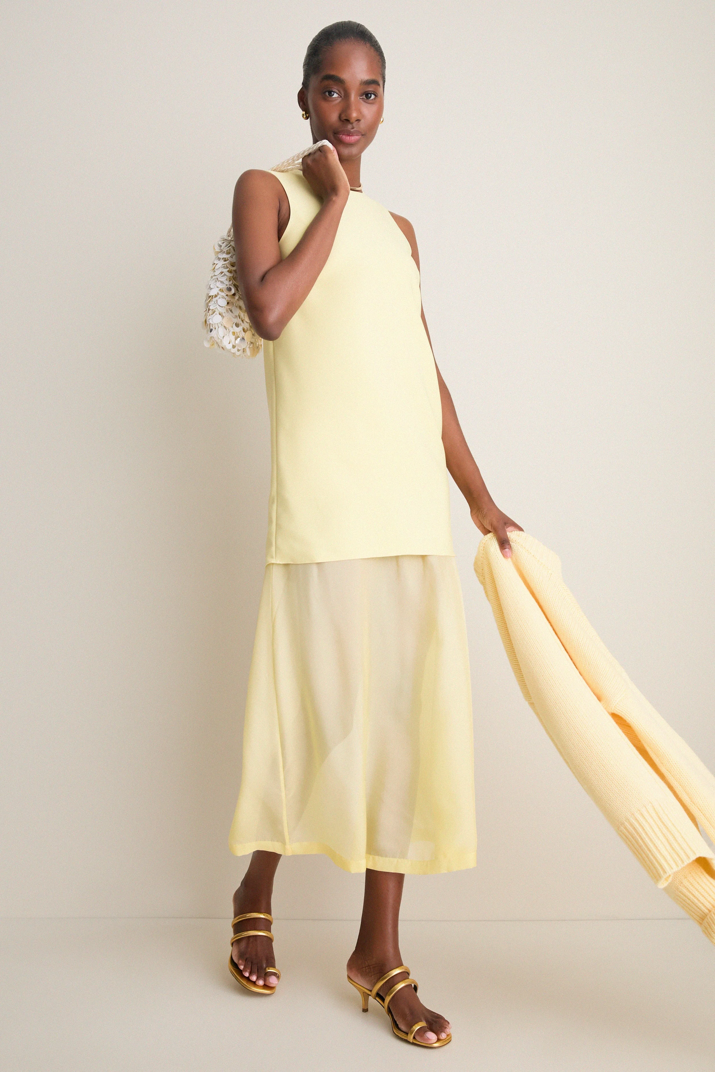 Pale Yellow Bonotto Crepe and Silk Chiffon Dress