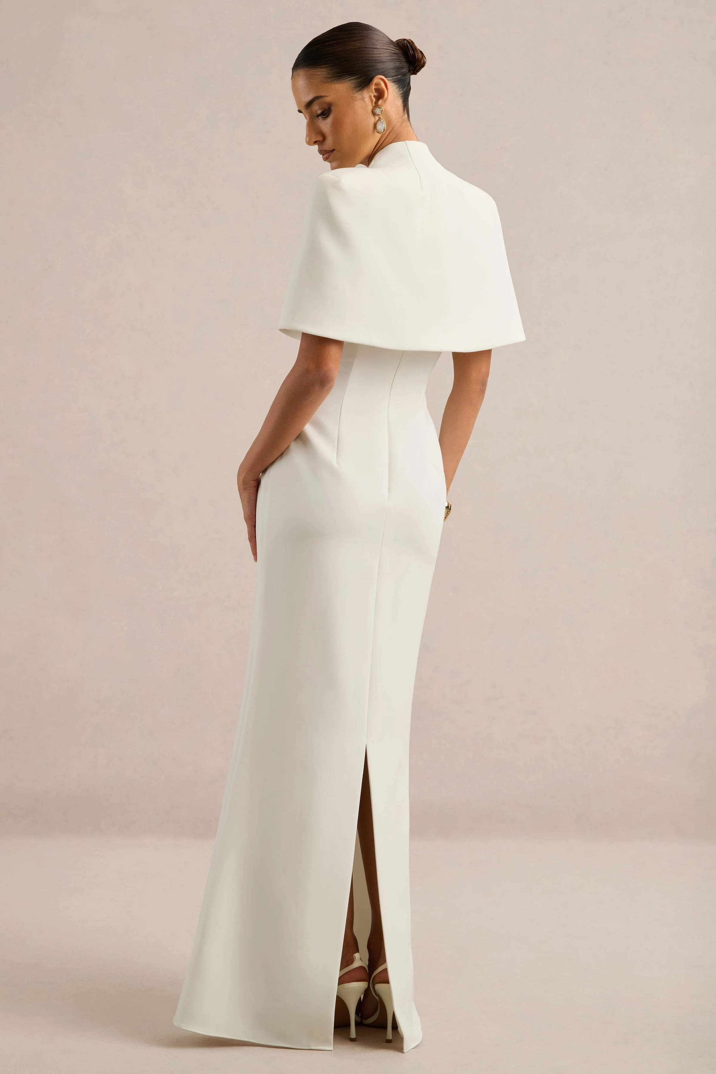 Astrelle | White Round Neck Maxi Dress With Tailoring And Back Split