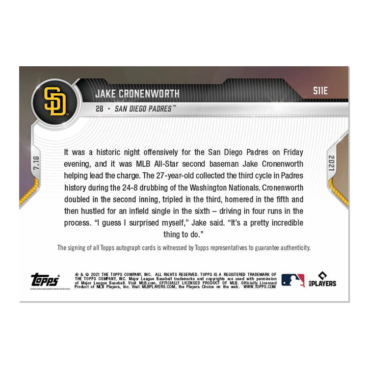 On-Card Auto # to 5 - Jake Cronenworth - 2021 MLB TOPPS NOW® Card 511E