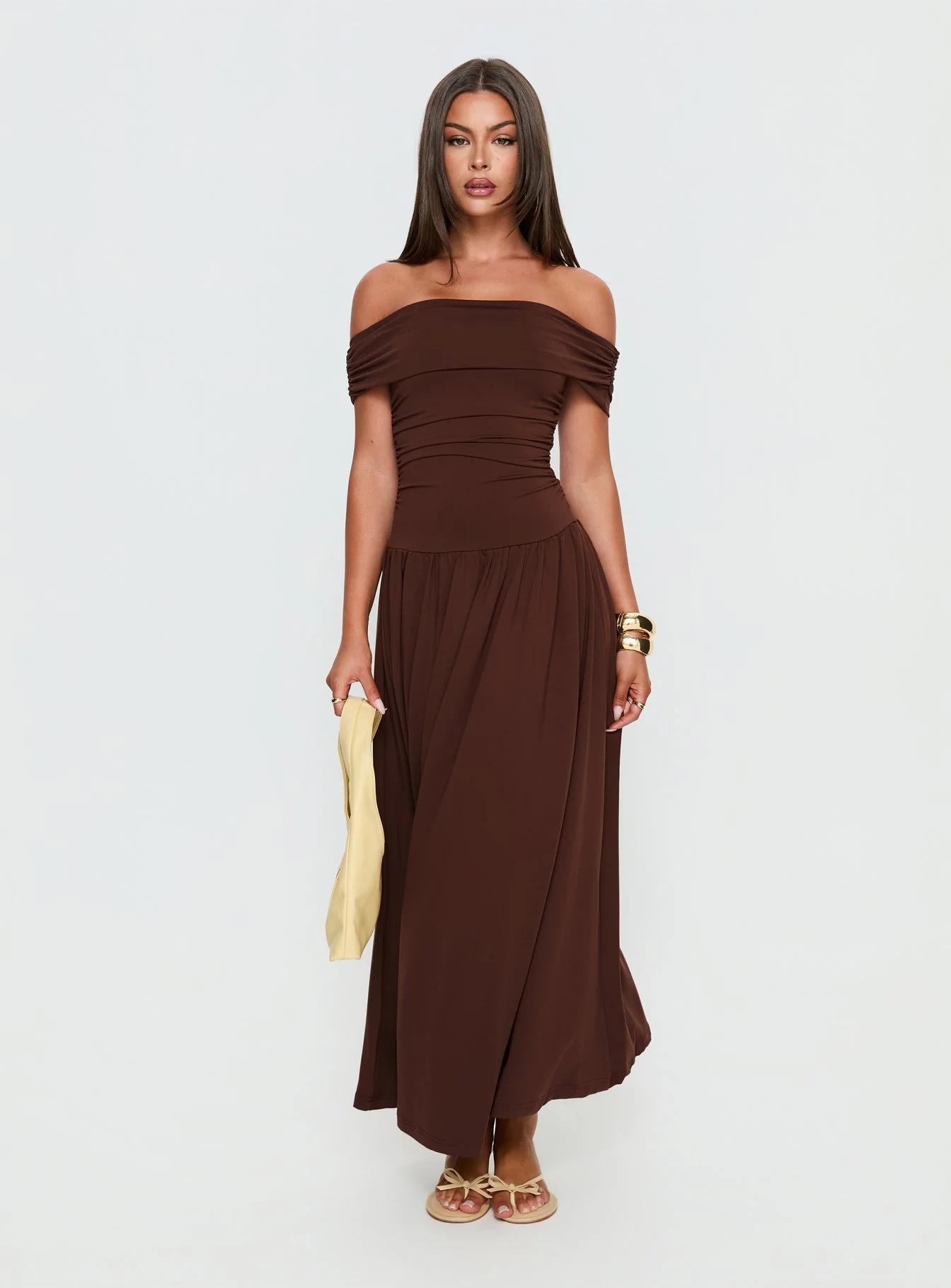 Katalia Off Shoulder Maxi Dress Chocolate Brown