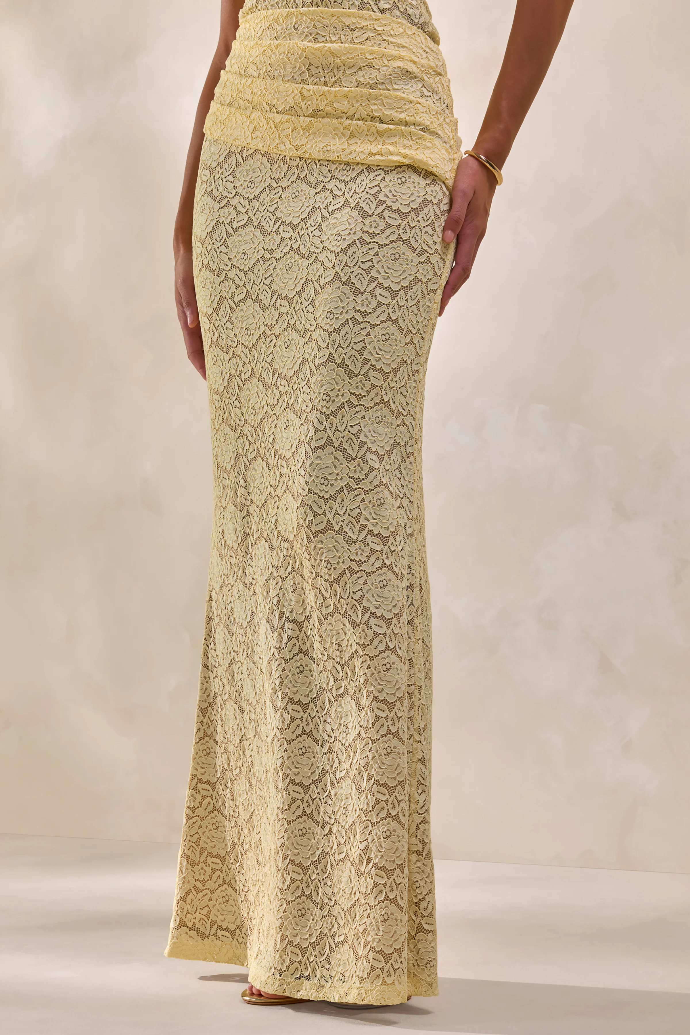 Viara | Lemon Lace Maxi Skirt With Draped-Detailing