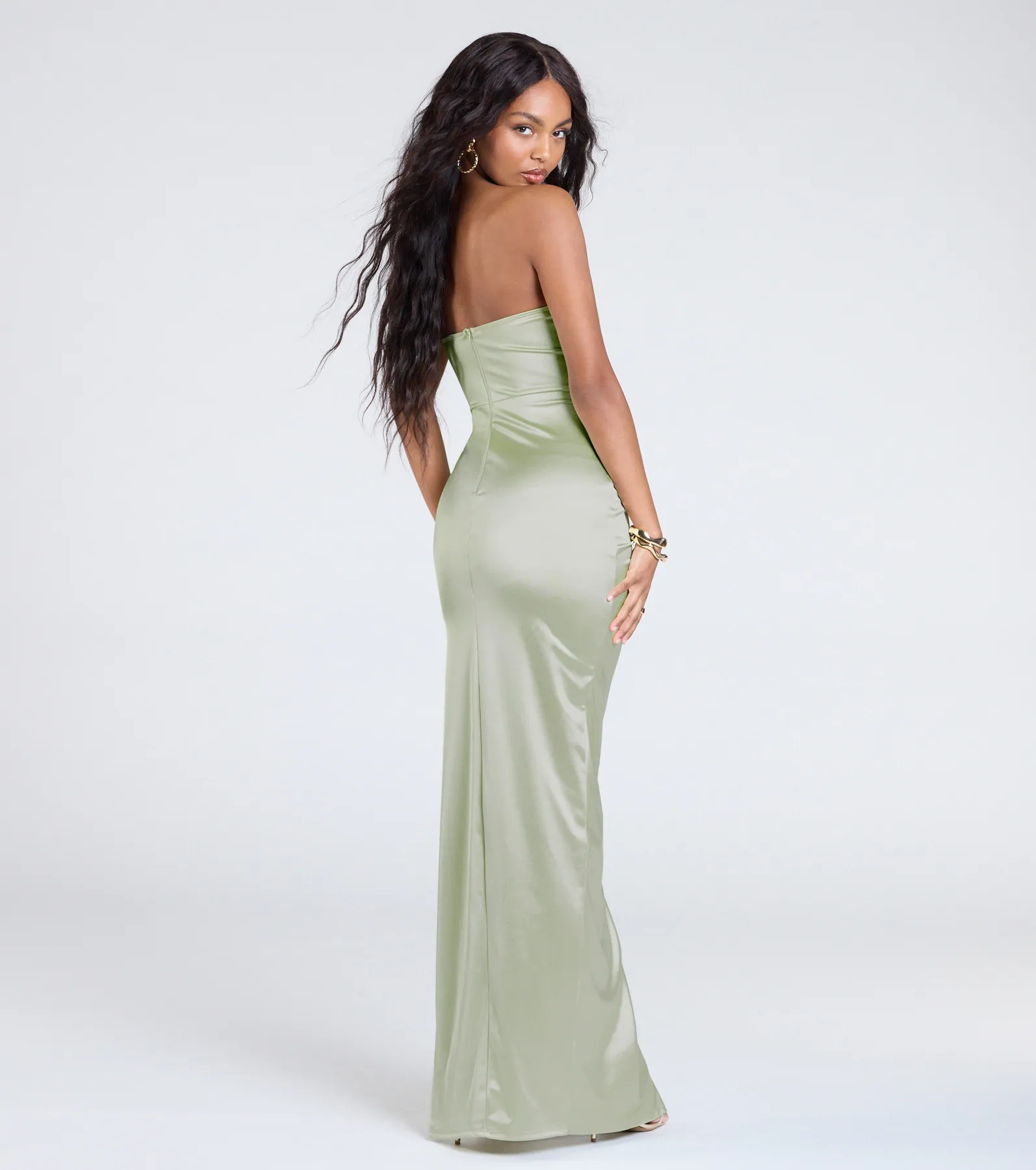 Brianna Satin Strapless High Slit Column Dress