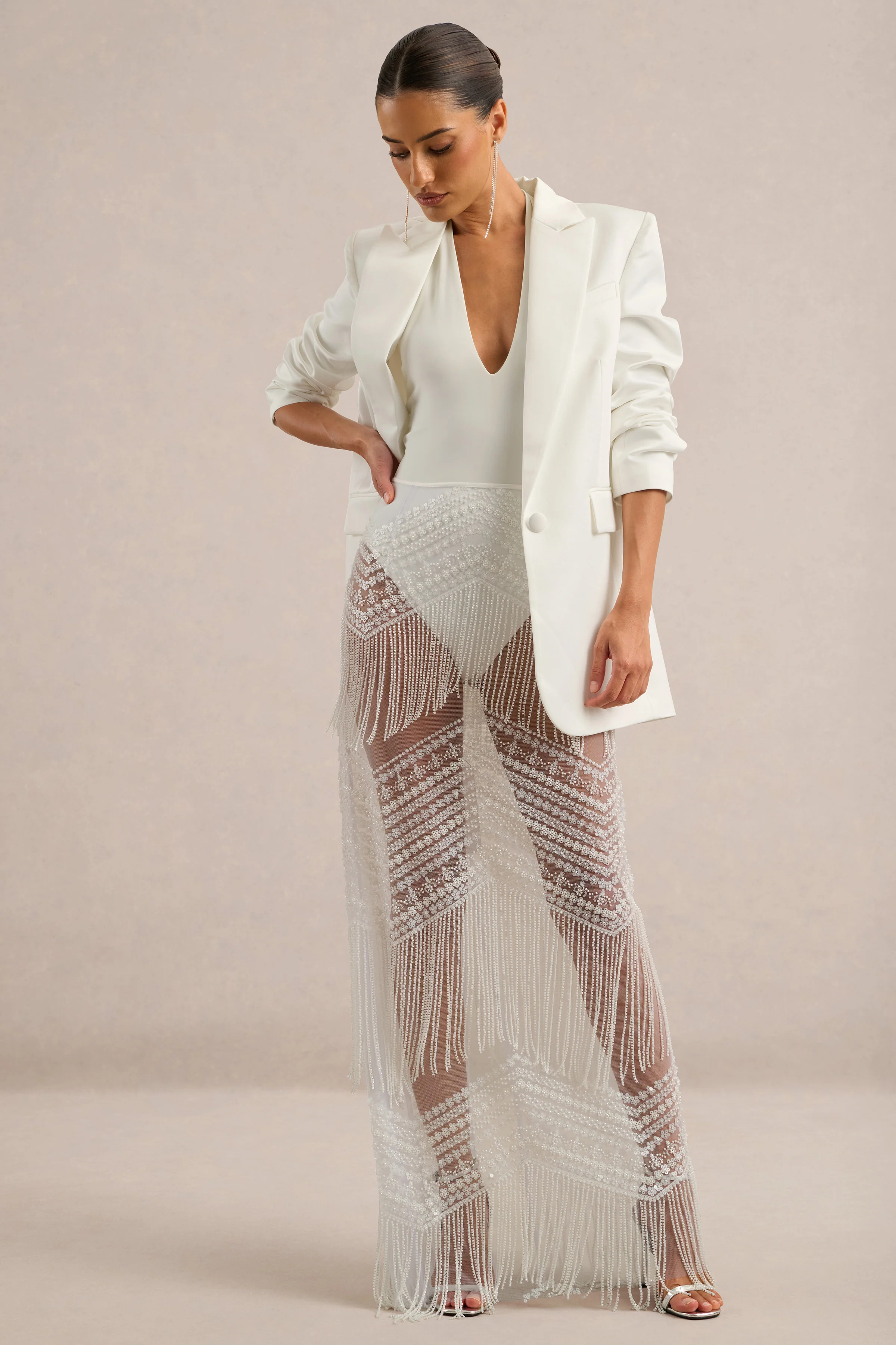 Senna | White Embellished Sheer High Waist Maxi Skirt With Fringe Detailing