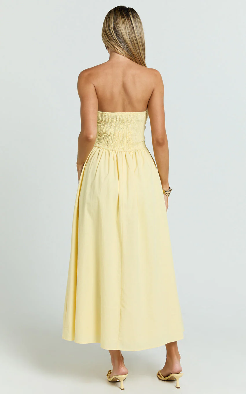 Polly Midi Dress - Strapless Ruched Dress in Lemon