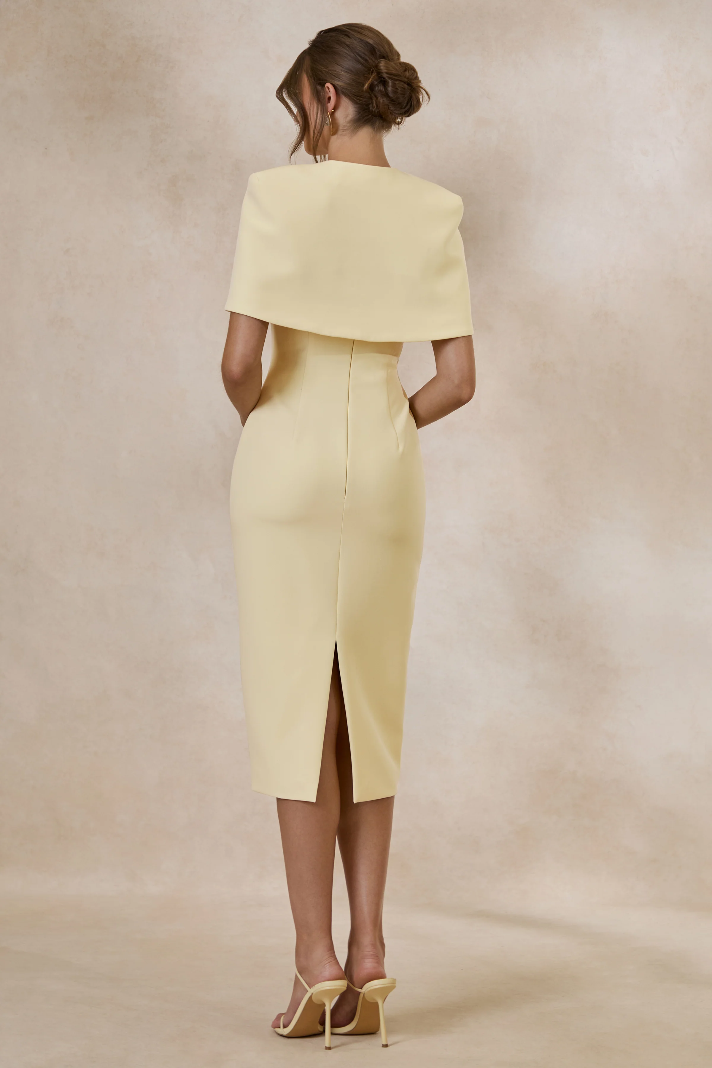 Celandia | Lemon Round Neck Midi Dress With Detachable Cape And Back Split