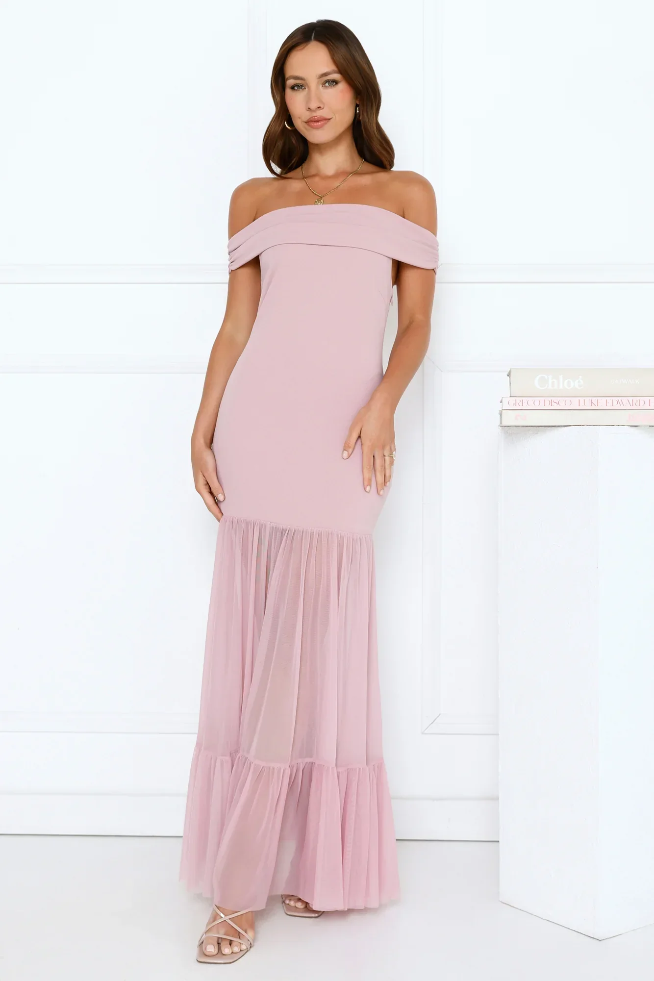 Starlit Aurora Off Shoulder Mesh Maxi Dress Pink