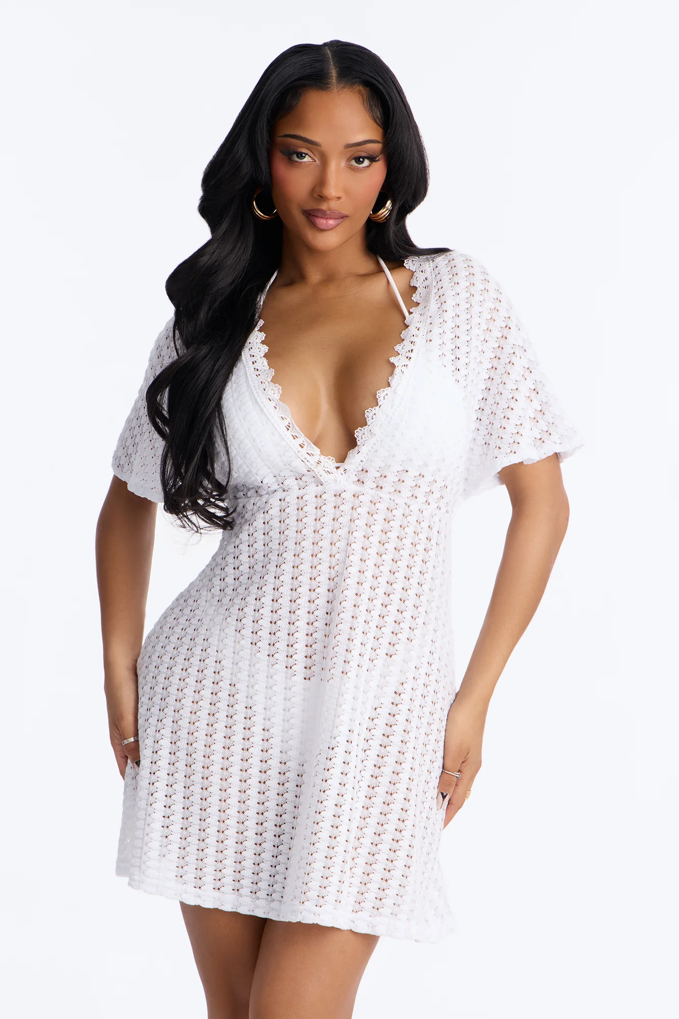Palm Tree Shade Swim Cover Up Mini Dress - White