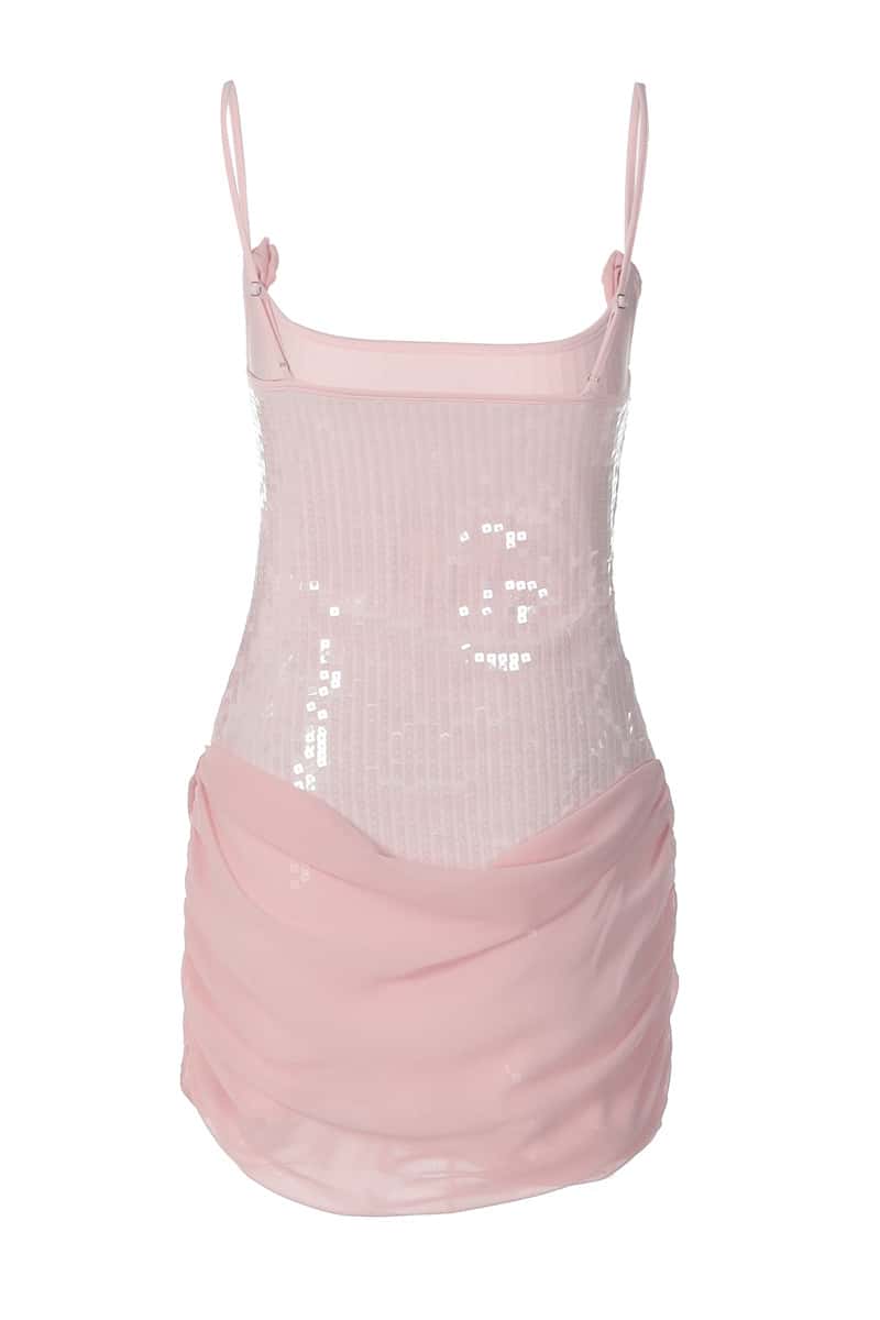 Pink Sequin Straps Ruched Tight Mini Dress