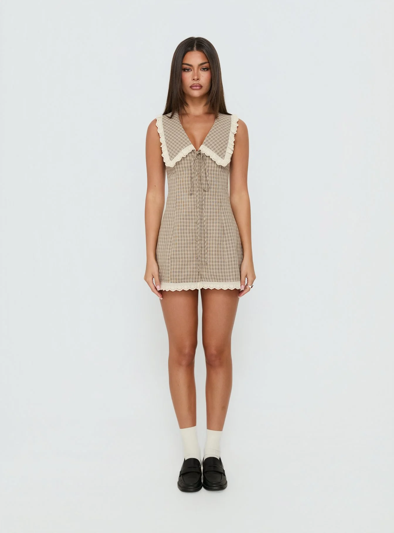 Mayci Collared Lace Trim Romper Brown Check