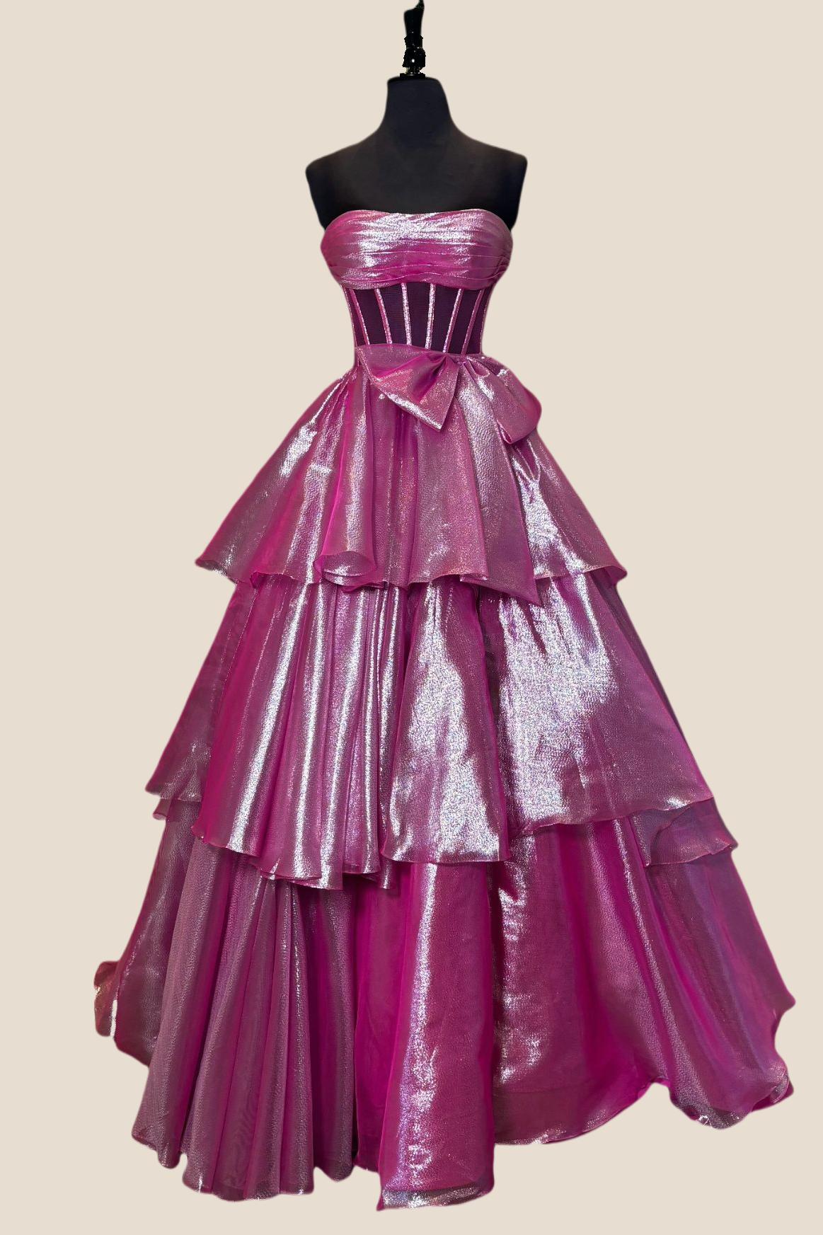 Strapless Blue Tiered Long Dress with bow