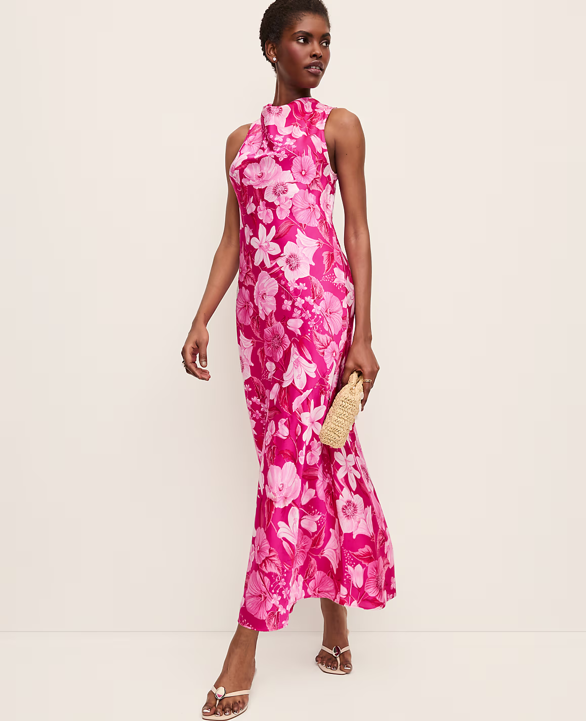 Floral Satin Halter Dress