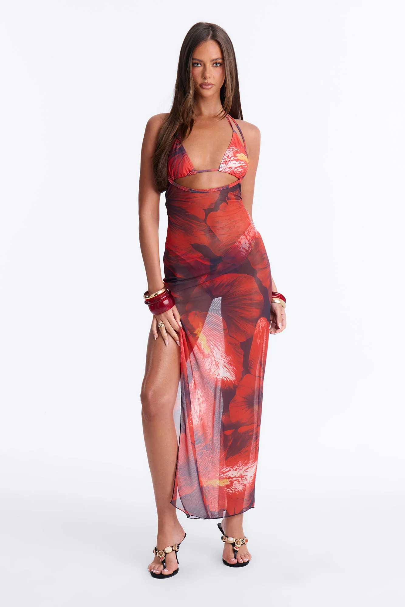 Maribel Floral 3 Piece Triangle Bikini & Maxi Dress Set - Red/combo