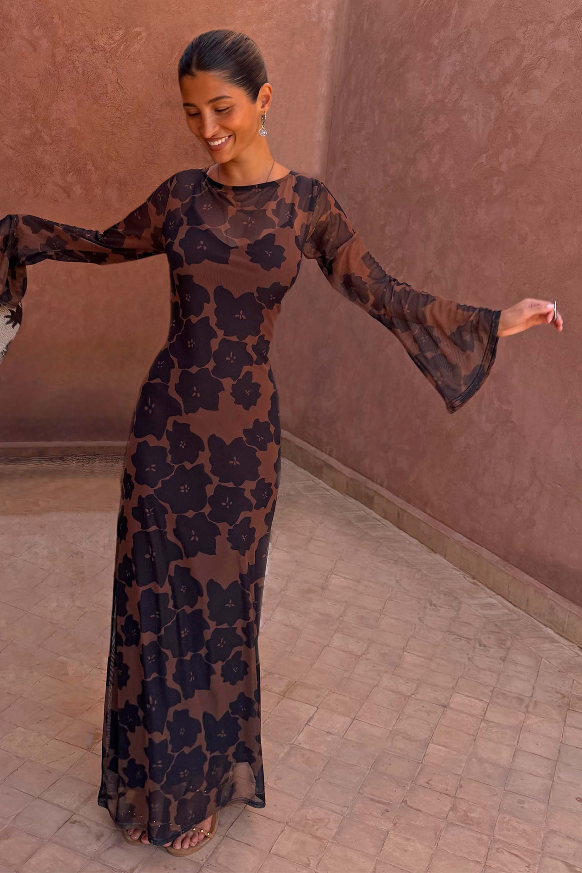 Tan Jaden Floral Mesh Dress