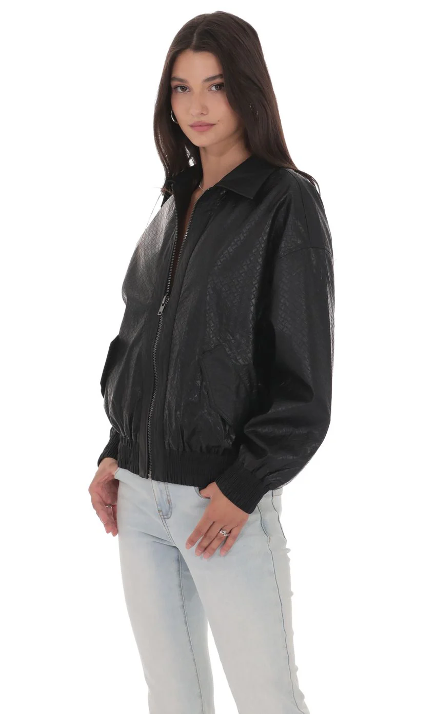 Woven Faux Leather Bomber Jacket in Black