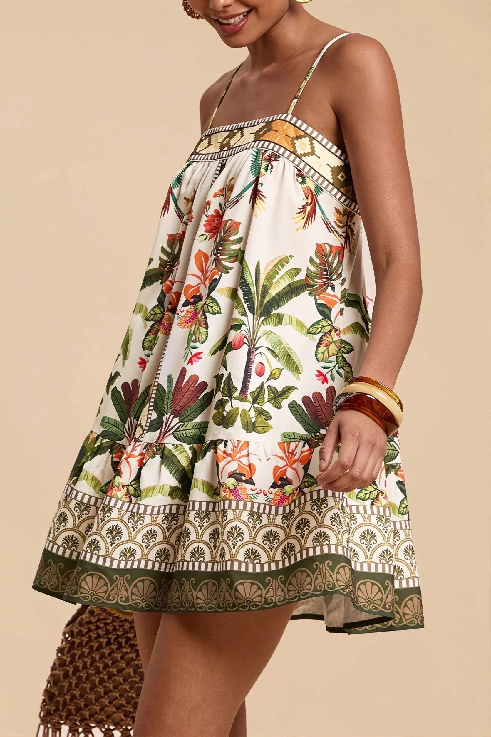 Palm Bird Print Loose Fit Cami Mini Dress