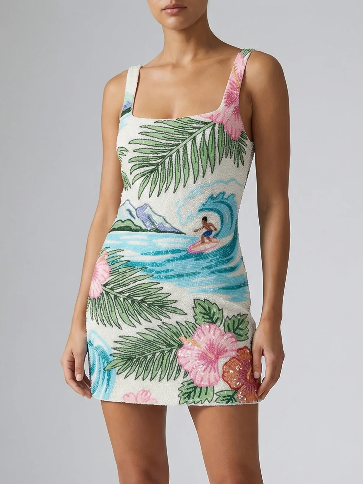 Tropical Surf White Beaded Mini Dress