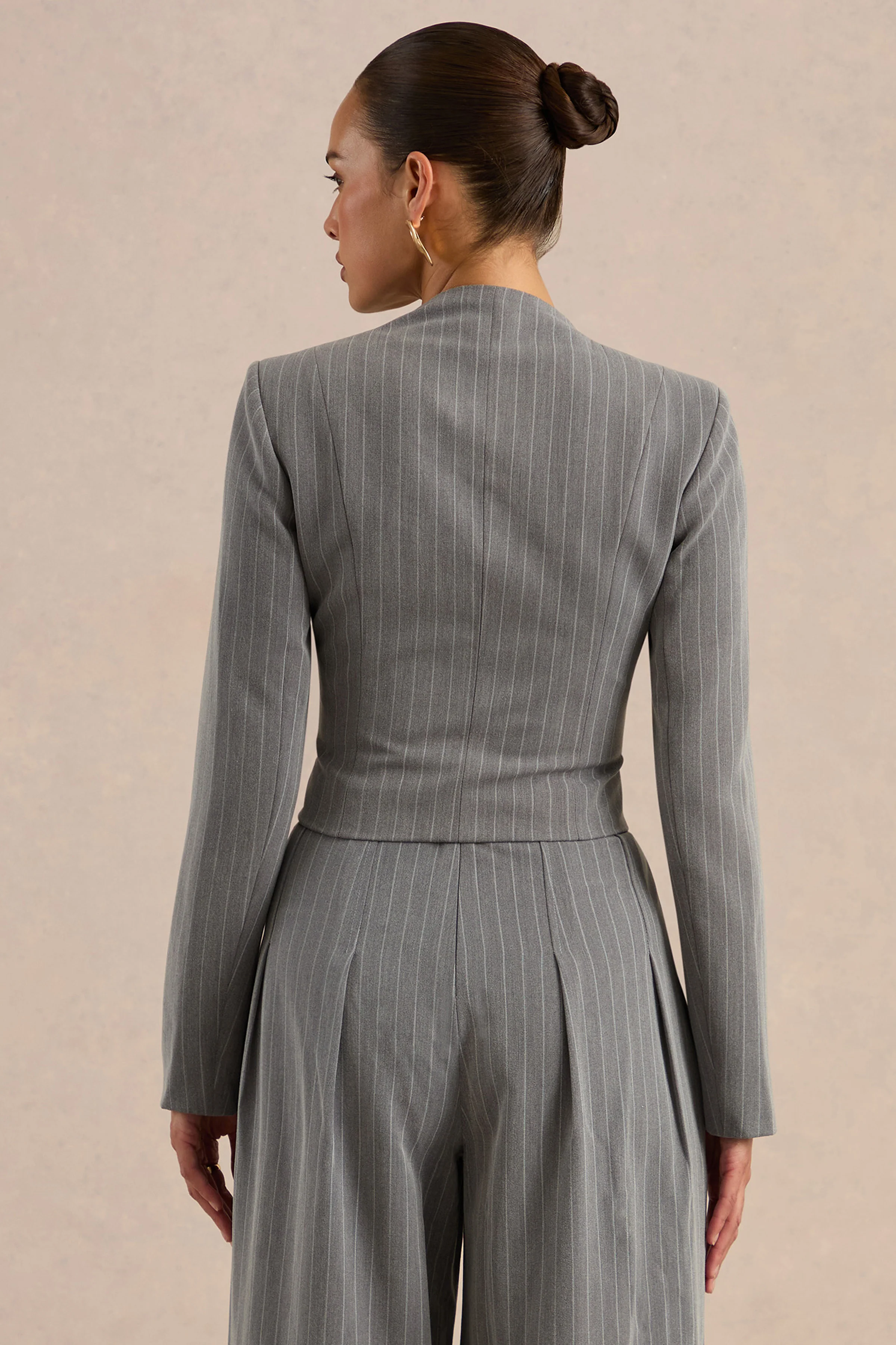 Genara | Grey Pinstripe Square Neck Long Sleeve Tailored Top