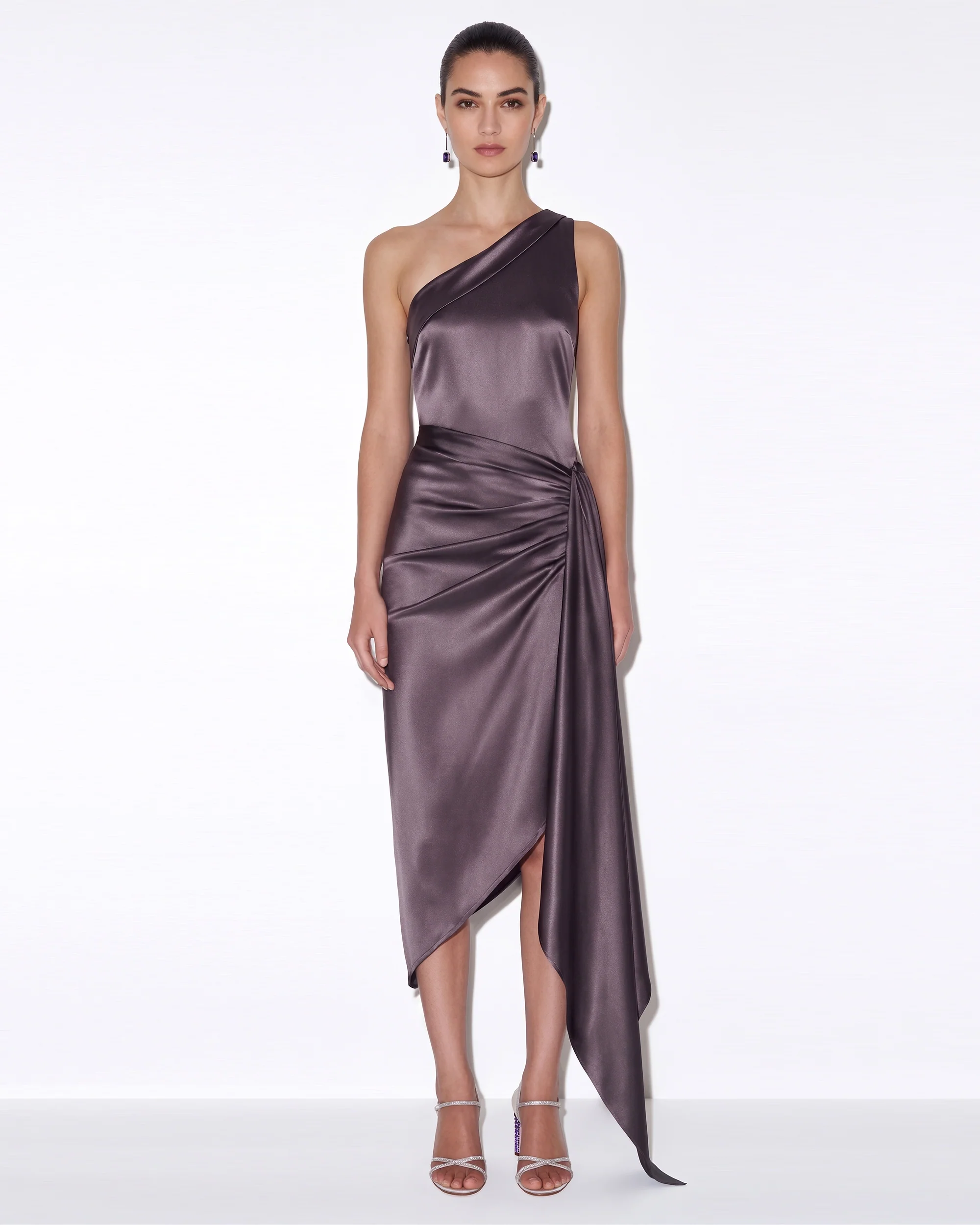Satin One-Shoulder Ruched Asymmetric Midi Dress - Mauve