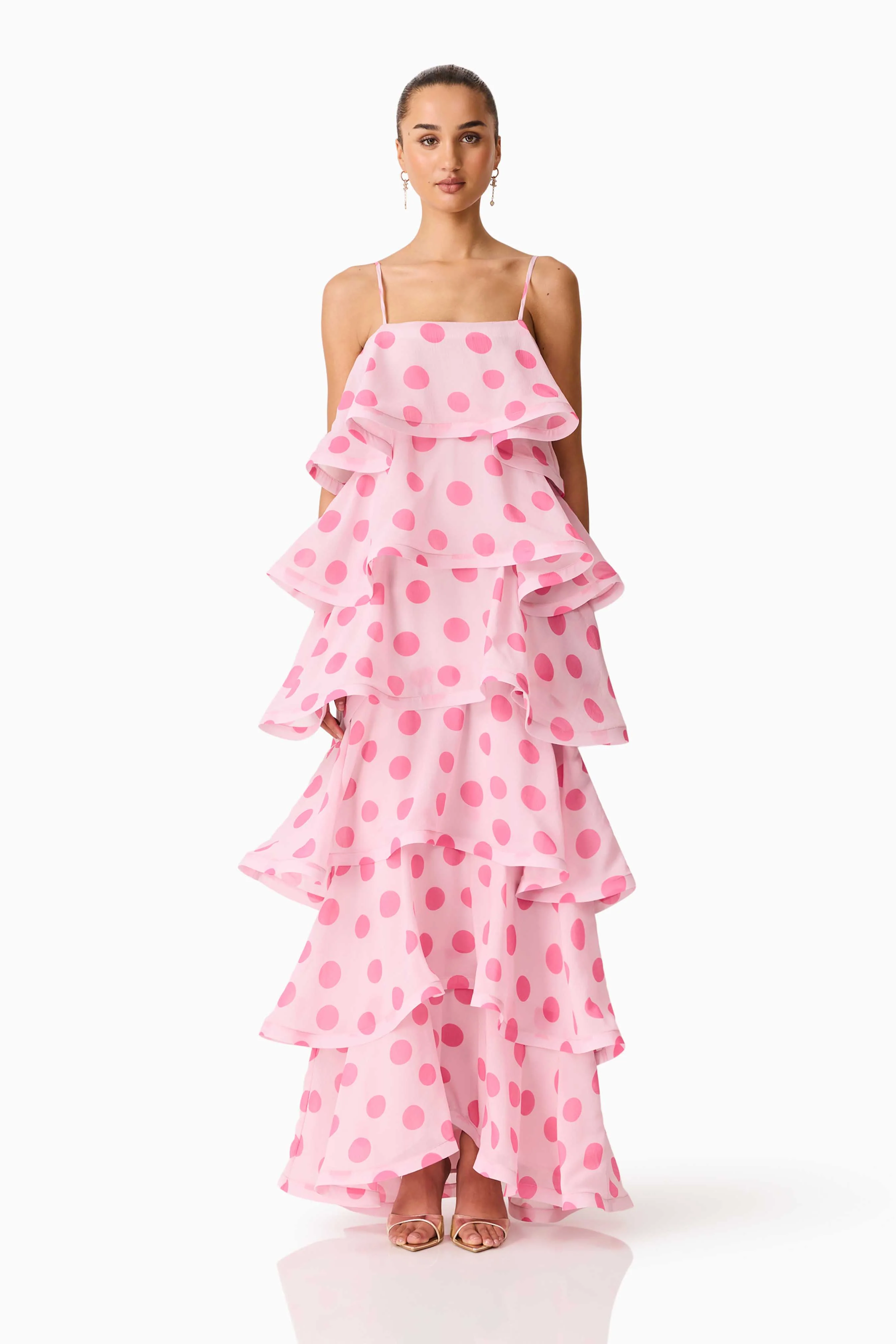 Sola Tiered Maxi Dress in Pink Polkadot