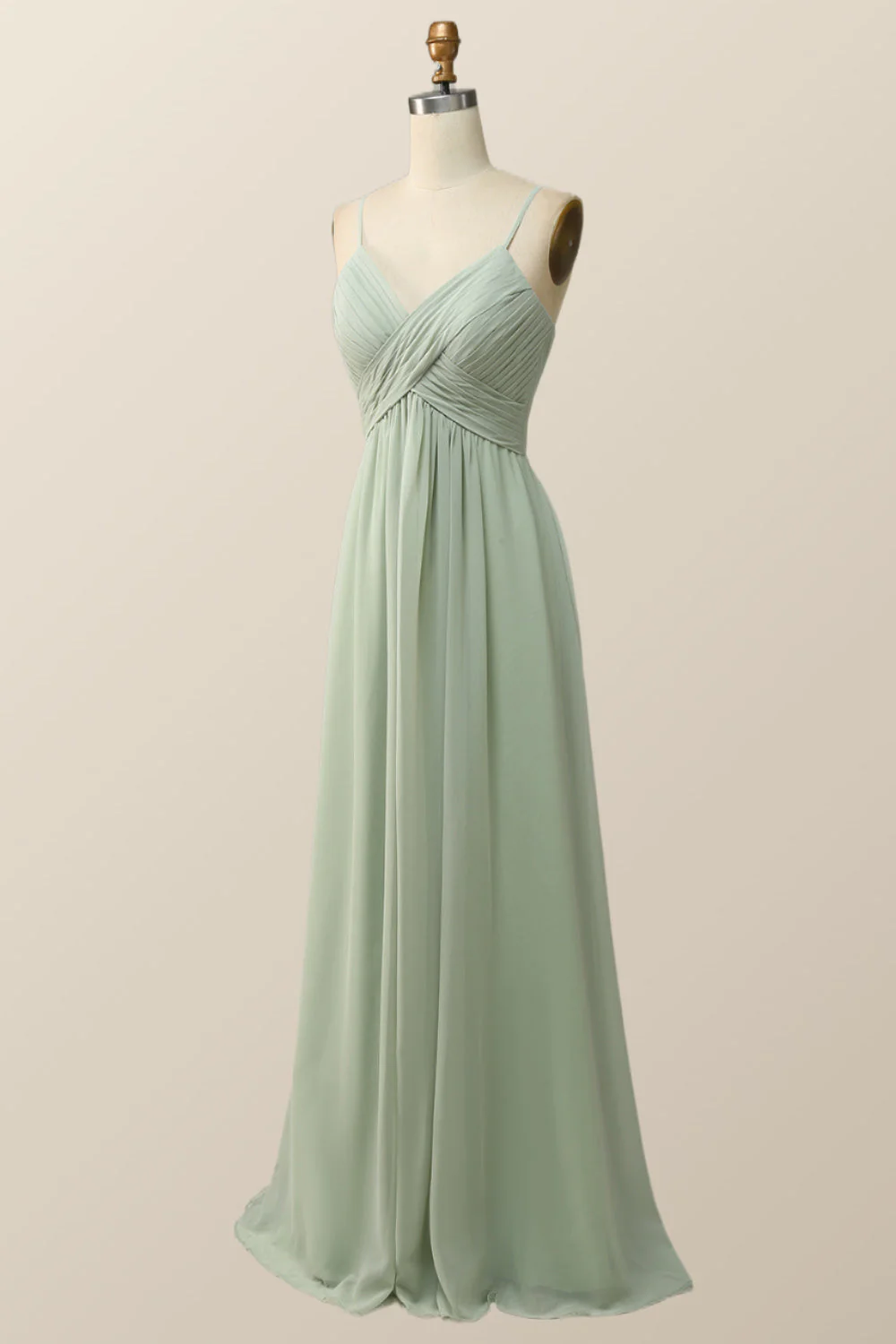 Sage Green Pleated Straps Long Bridesmaid Dress