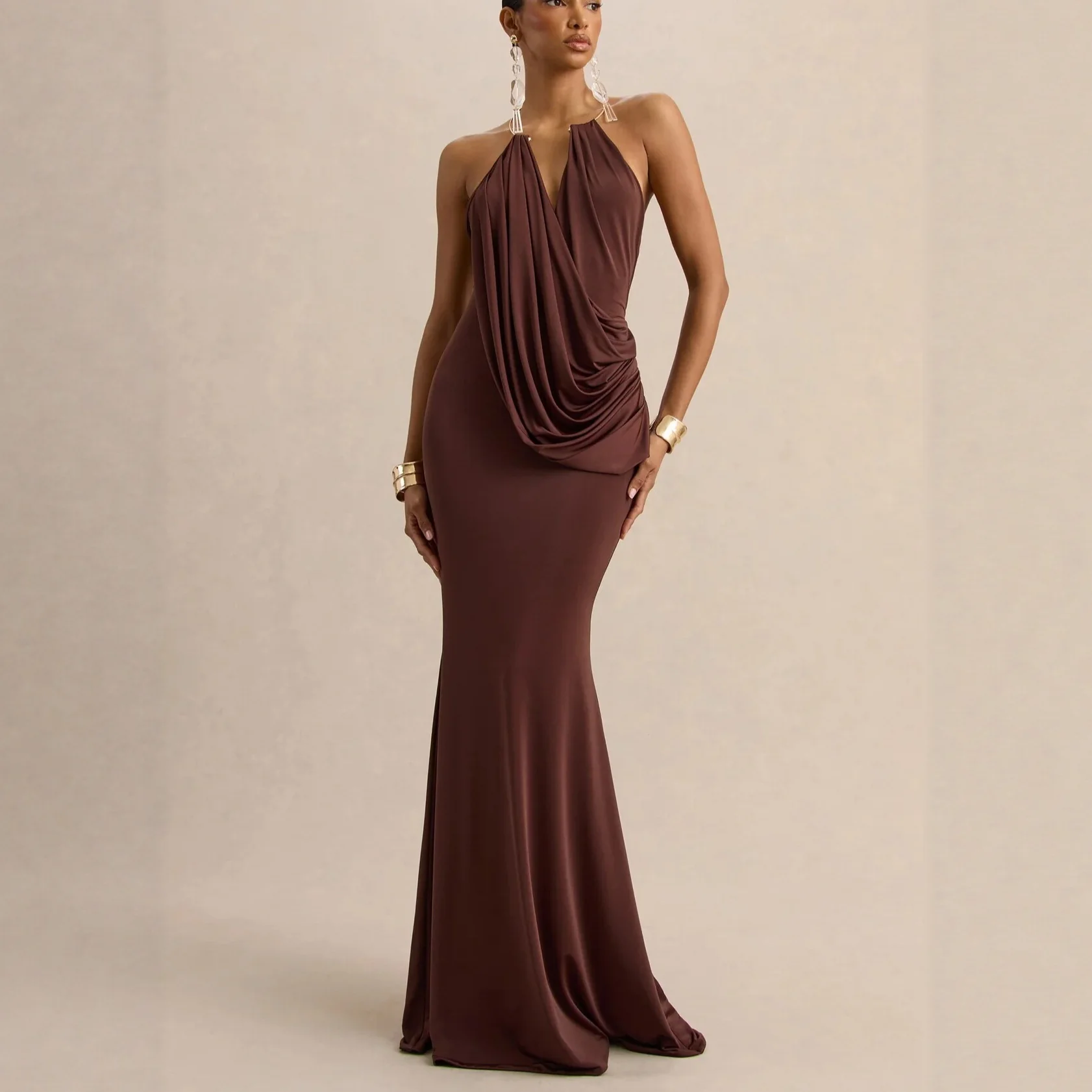 Ruffle Cowl Neck Bodycon Maxi Dress