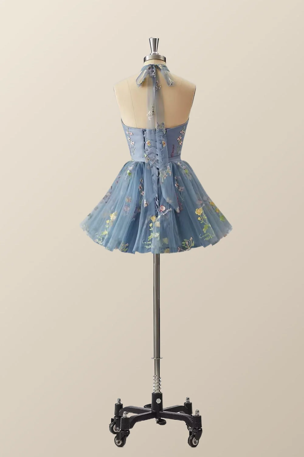 High Neck Blue Floral A-line Short Dress