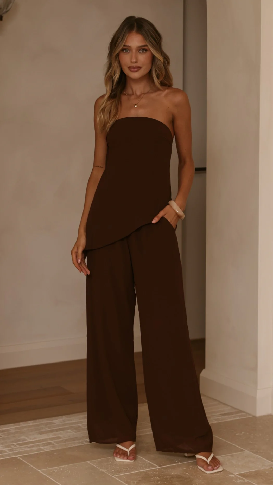 Zabrina Semi Sheer Strapless Top and Pants Set - Chocolate
