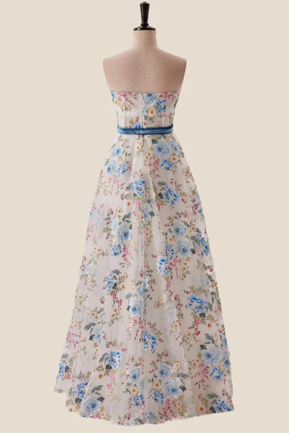 Sweetheart Blue Floral A-line Long Formal Gown