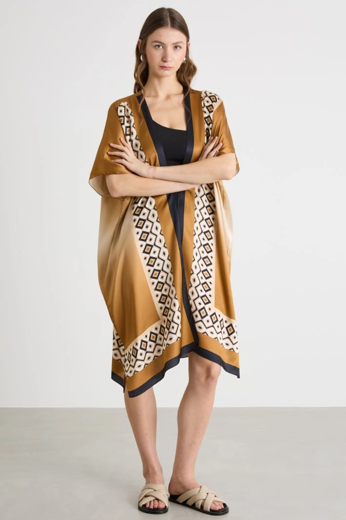 Printed satin kimono - CAMEL