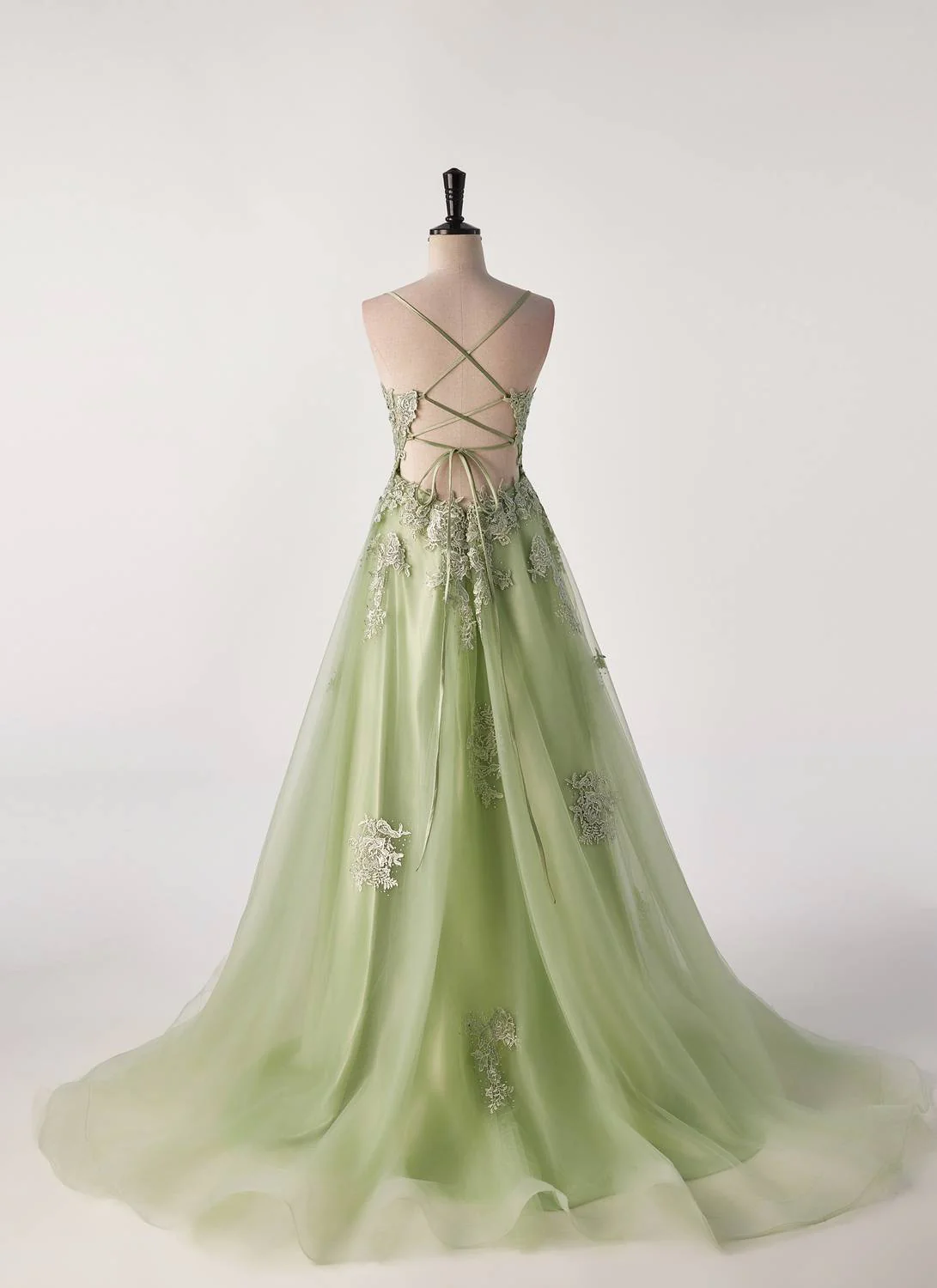 Sage Green Lace Appliques A-line Long Formal Dress