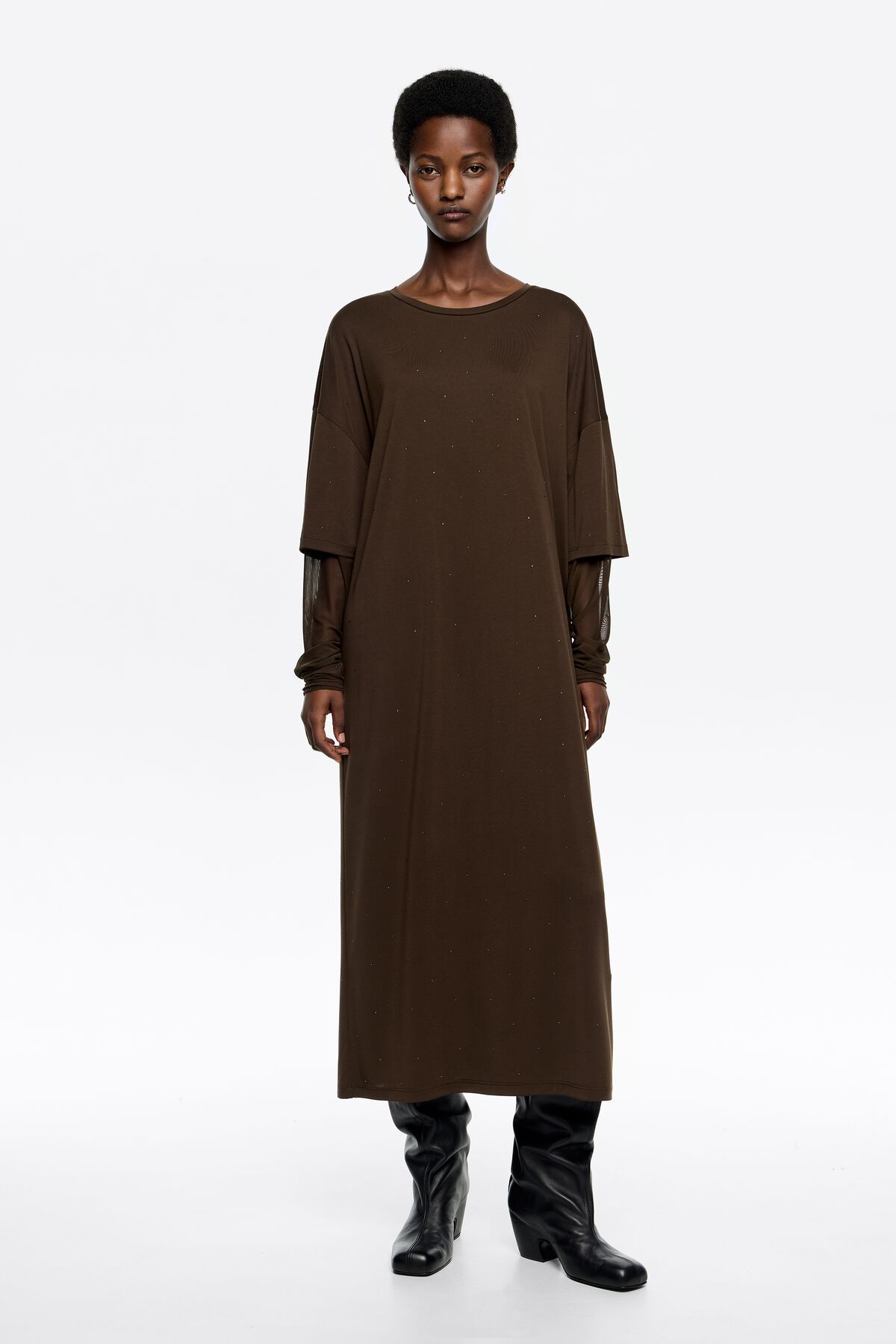 Dark brown tulle sleeve dress