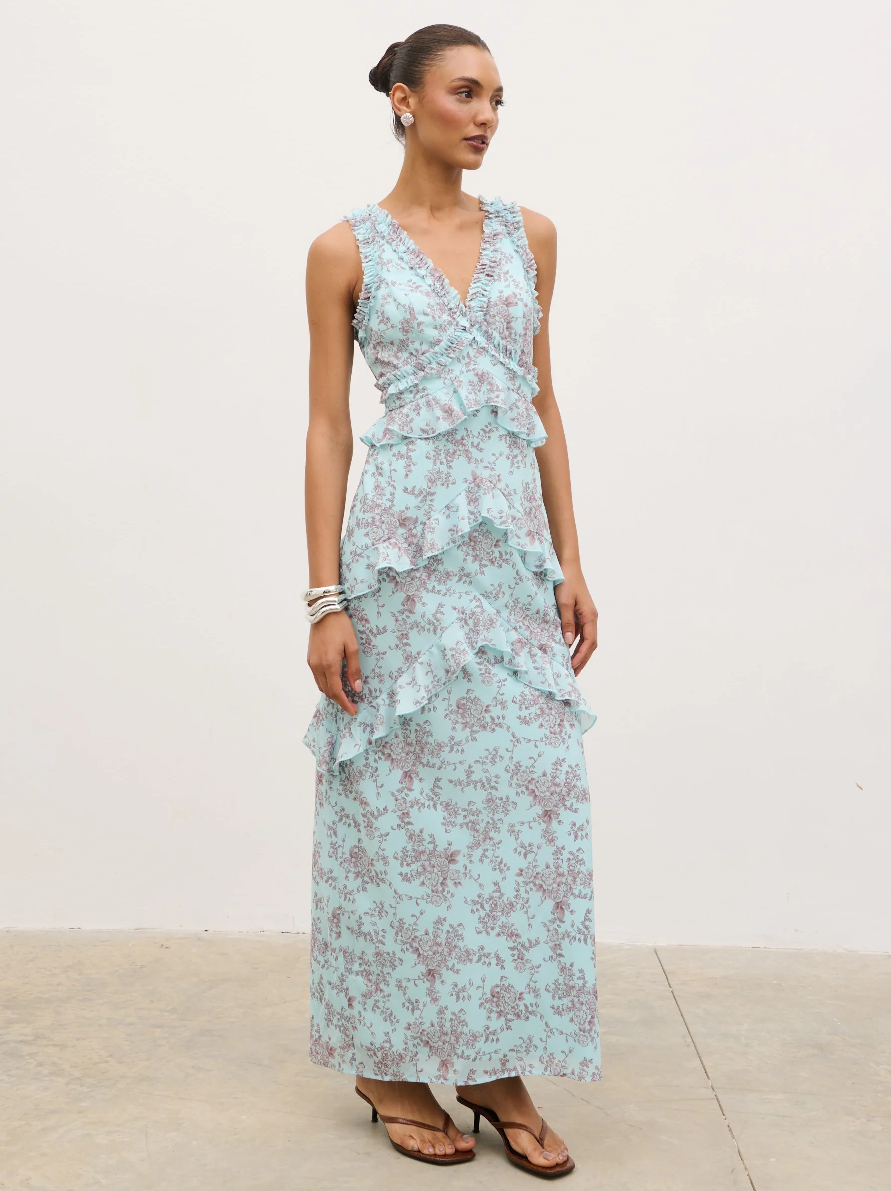 Aurelia Ruffle Maxi Dress - Seaspray and Brown Floral