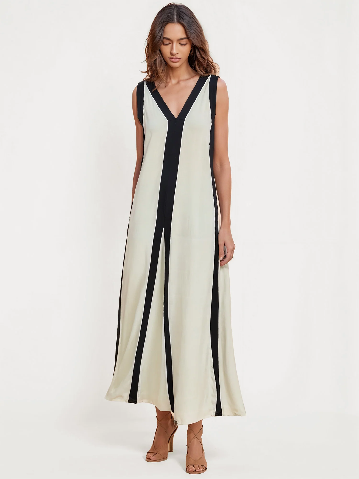 Color Block V-Neck Maxi Dress with Split