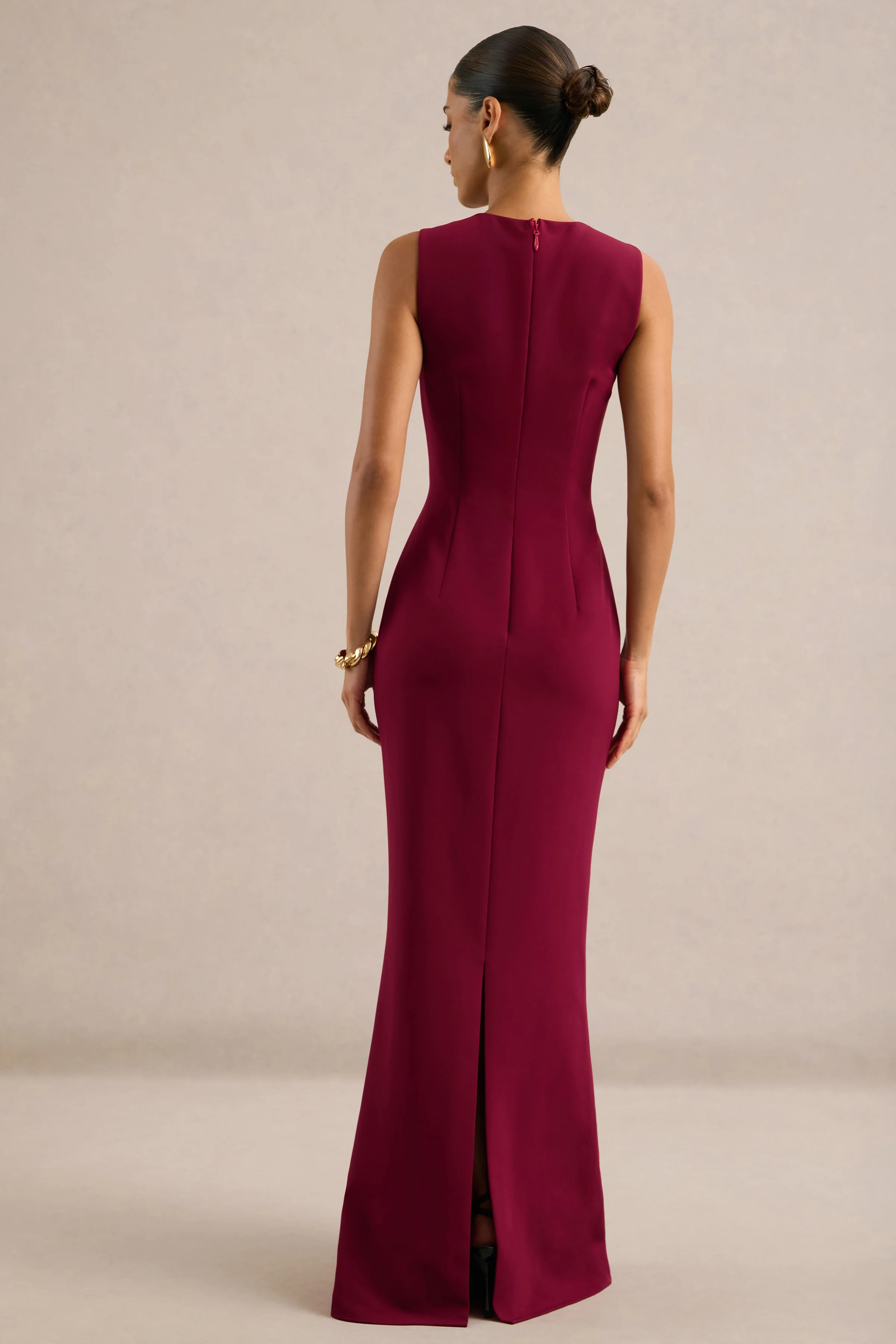 Astrelle | Burgundy Round Neck Maxi Dress With Tailoring And Back Split