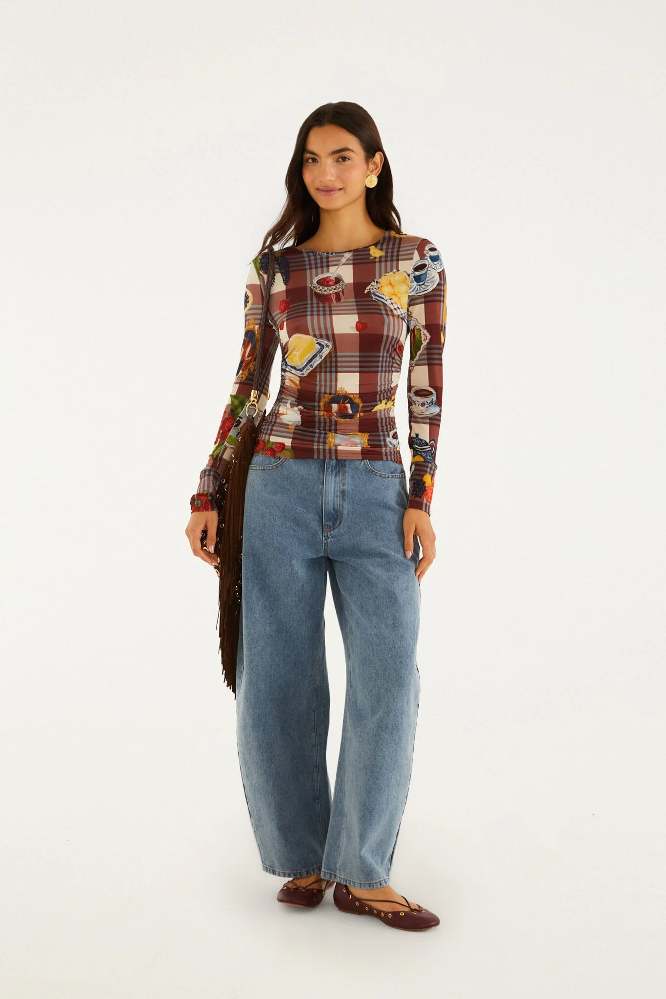Brown Country Table Tartan Long Sleeve Jersey Blouse