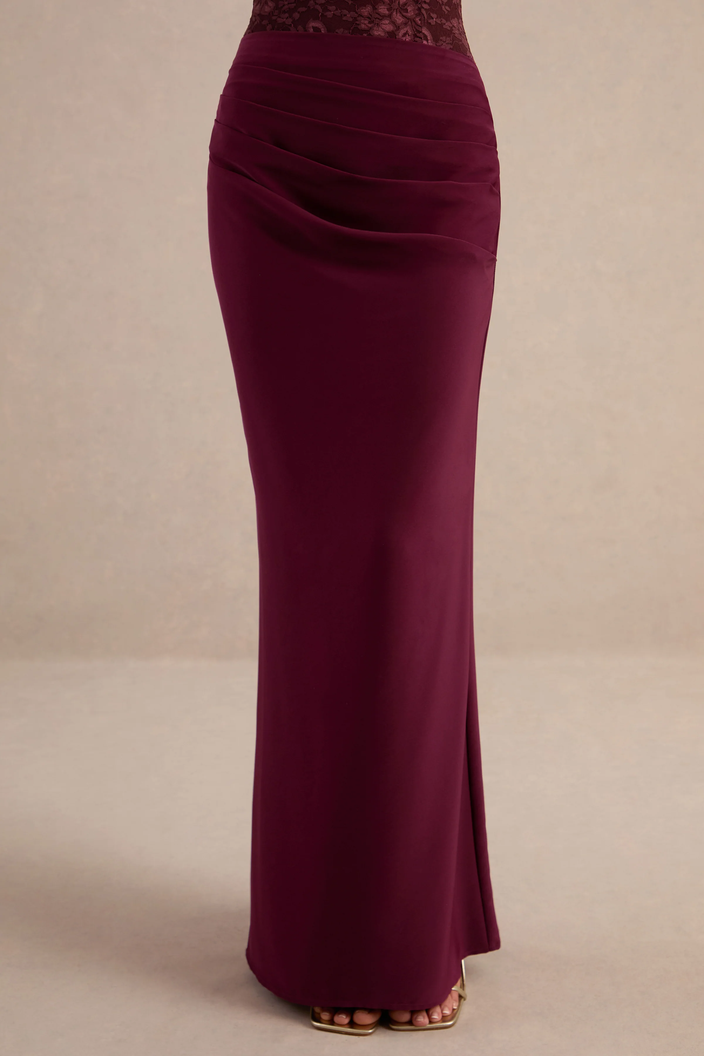 Sylisse | Burgundy Satin Mid Rise Maxi Skirt With Draped Detailing And Back Split