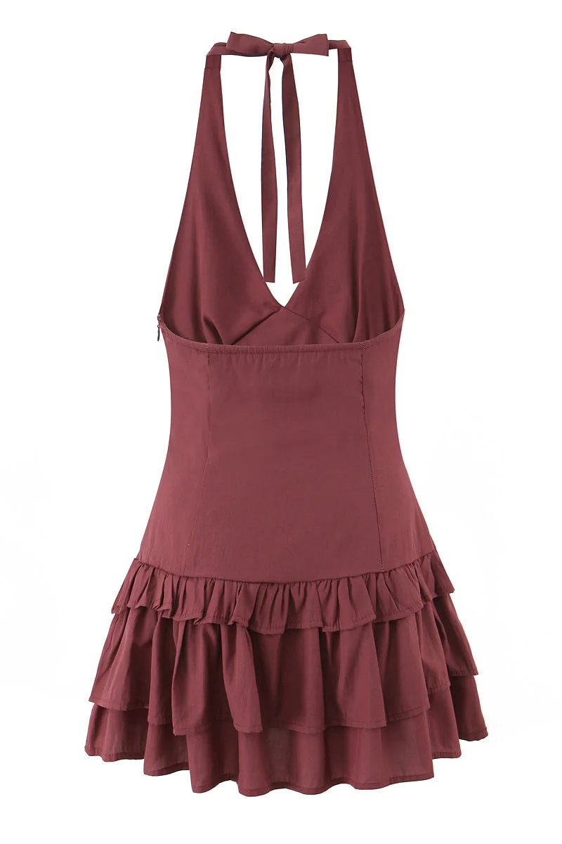 Halter Wine Red Ruffle A-line Short Dress